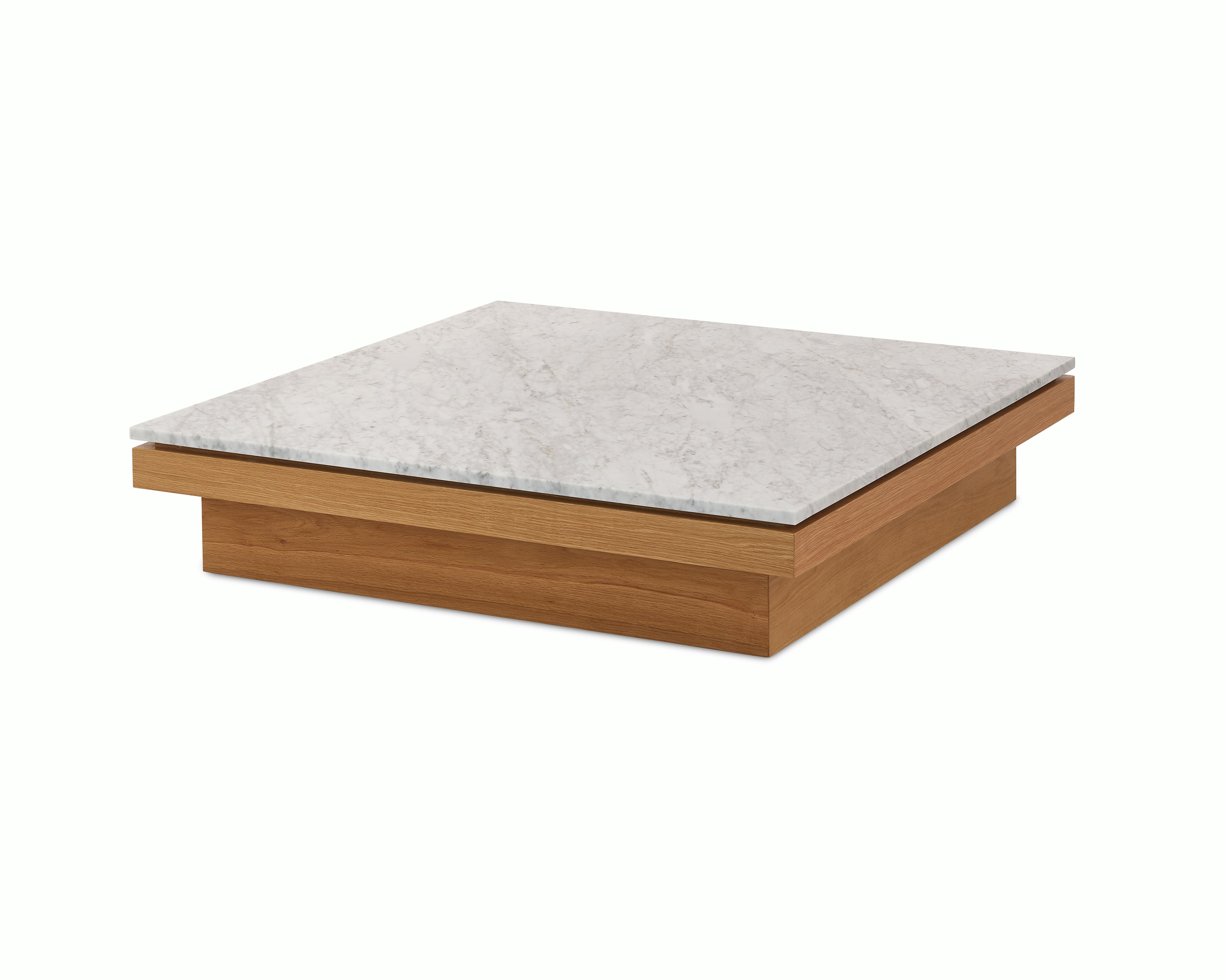 Pawson Drift Coffee Table with white oak base and white marble top, viewed from an angle.