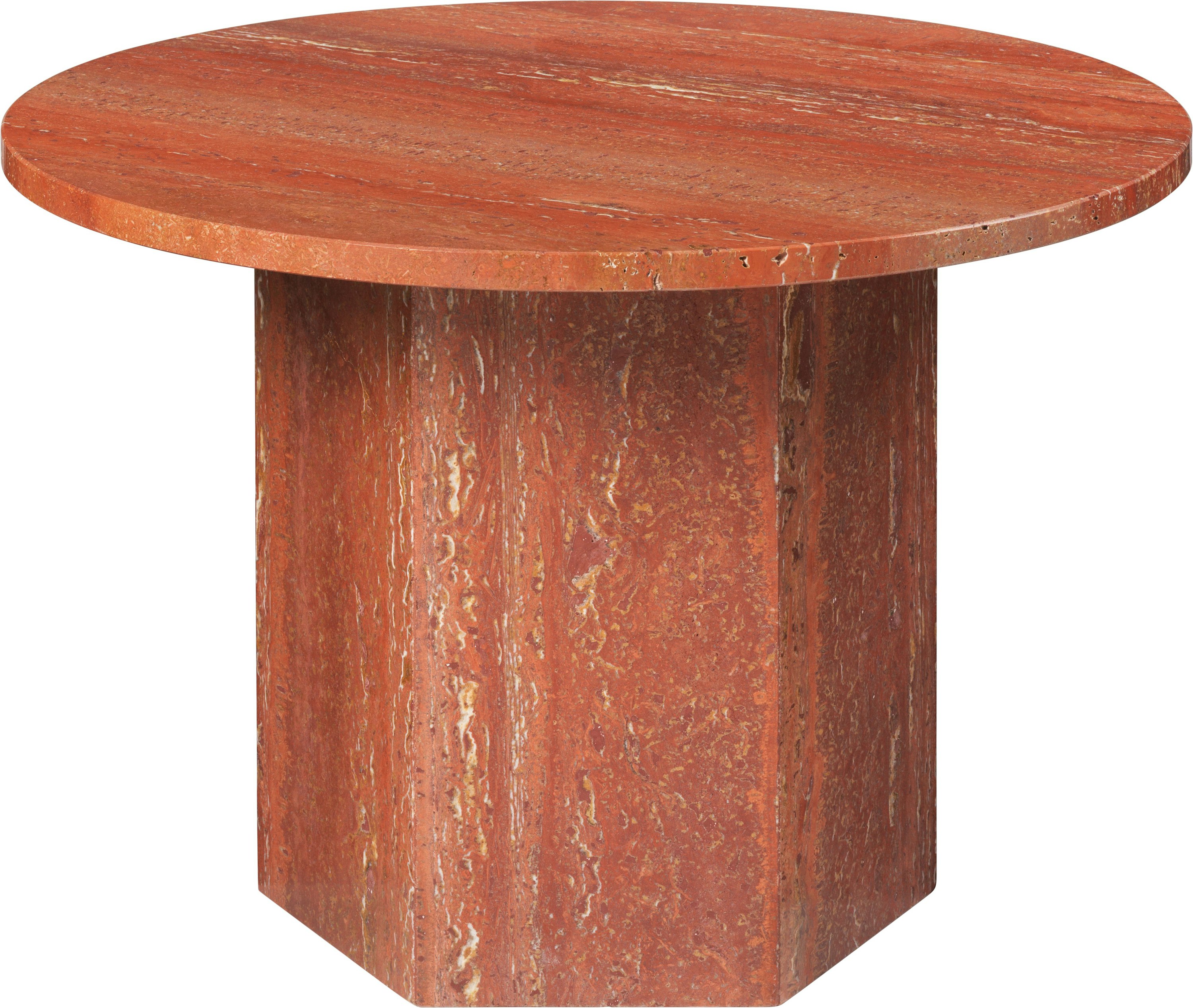 A Epic Coffee Table in Travertine, Burned Red viewed from the front.