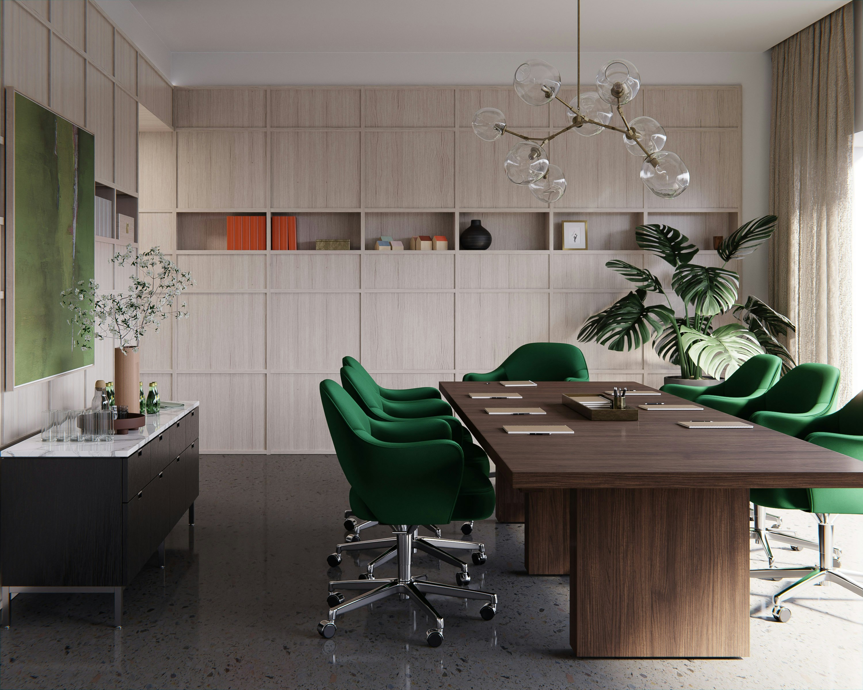 JD Conference Table in a conference room setting, side view.