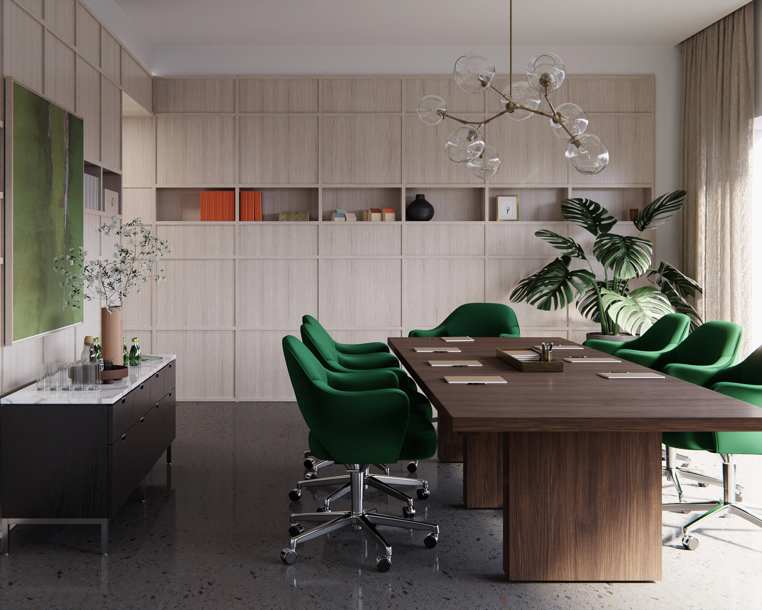 JD Conference Table in a conference room setting, side view.