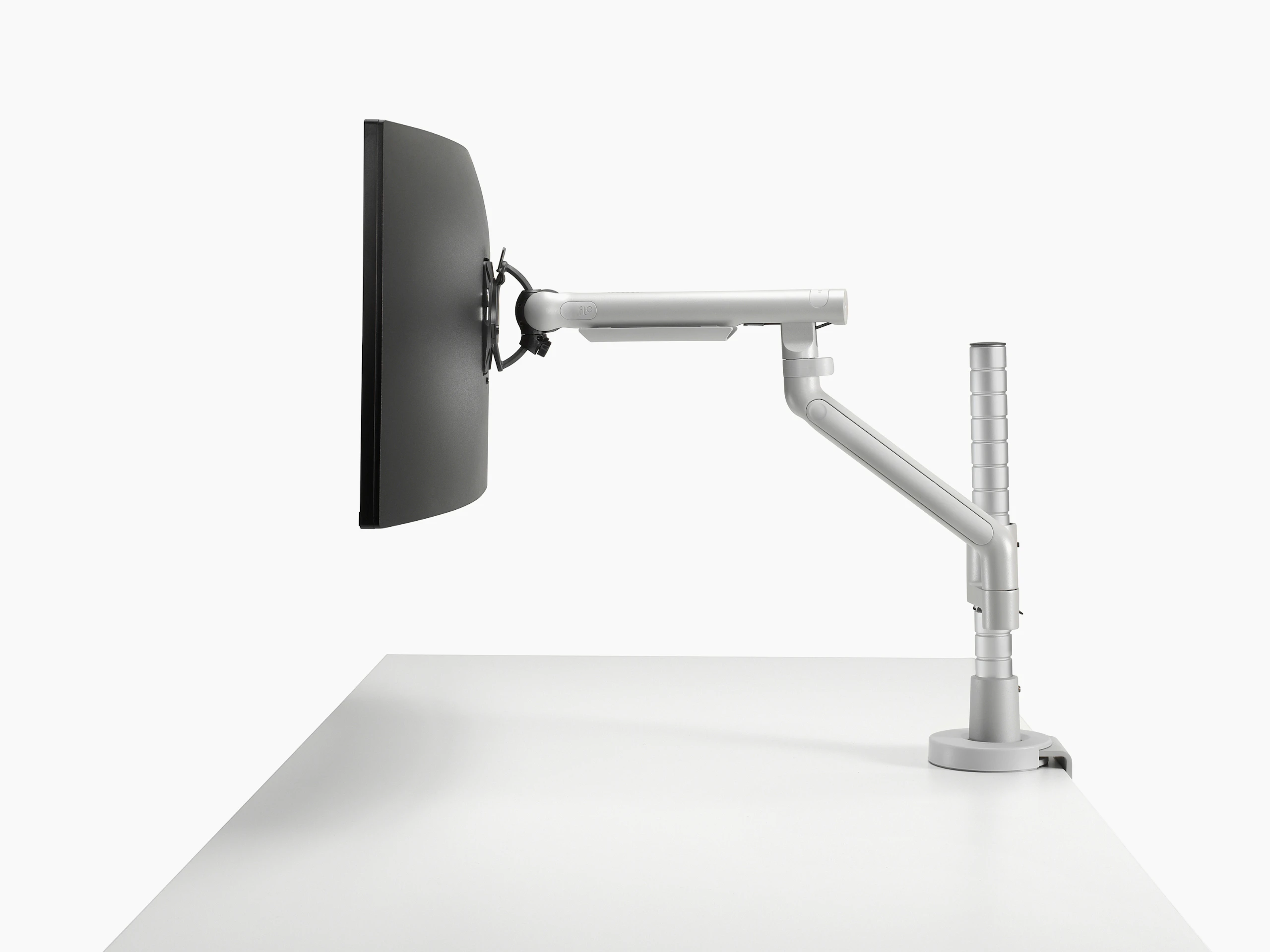 Flo Modular monitor arm silver viewed from the side.