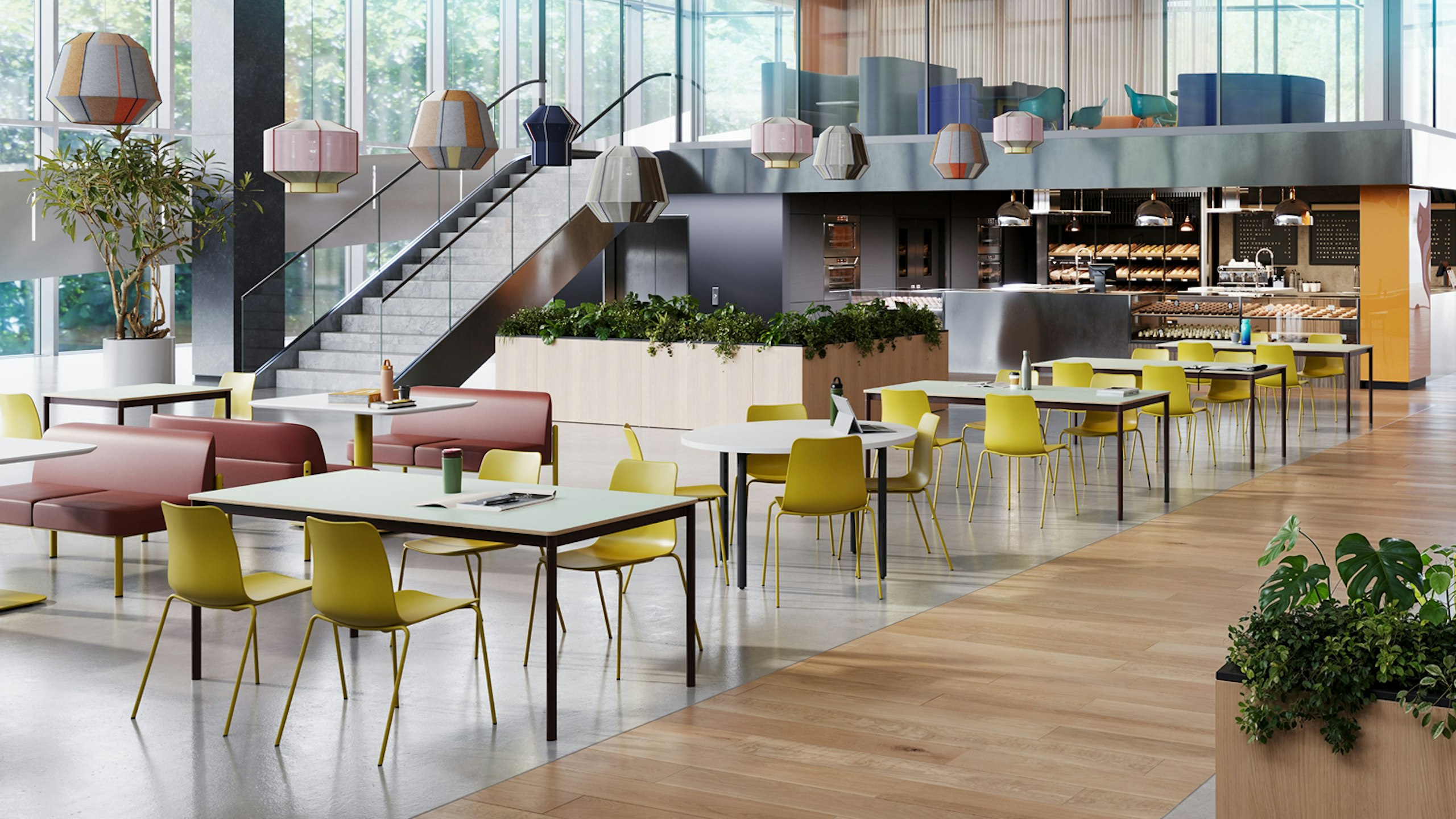 Seating area in a dining room furnished with NaughtOne Polly Side chairs and Muuto Base tables.