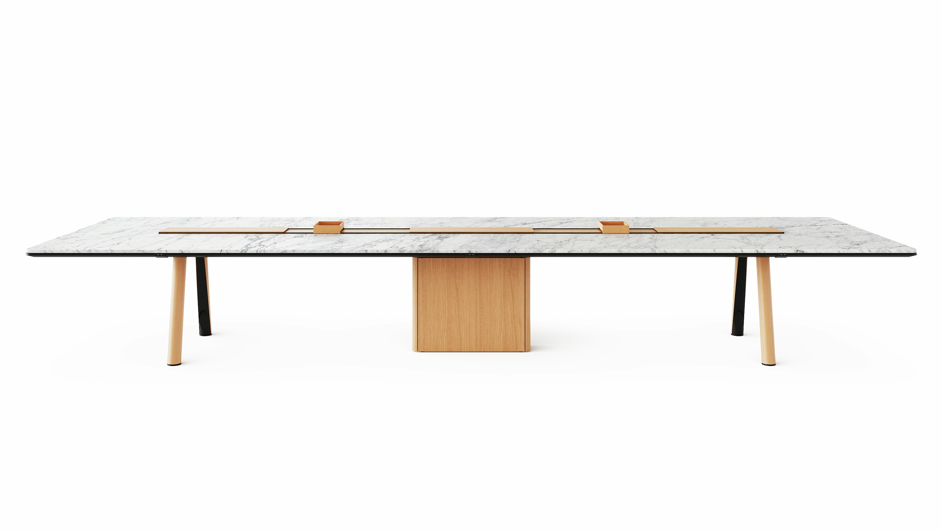 Ascent Conference Table designed by EOOS in White Carrara polished marble with natural rift cut oak base shown front-facing on a white sweep.