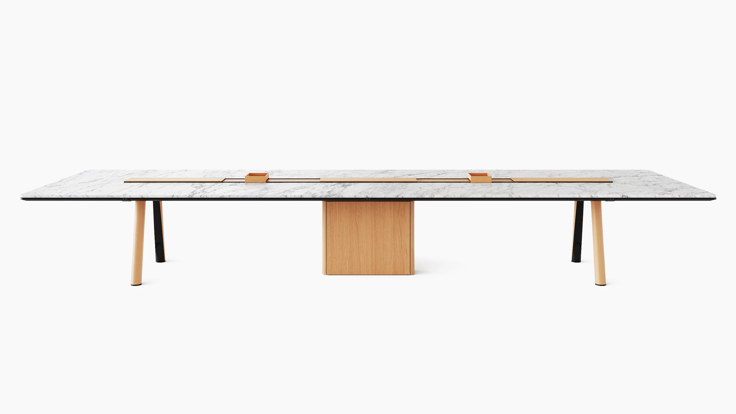 Ascent Conference Table designed by EOOS in White Carrara polished marble with natural rift cut oak base shown front-facing on a white sweep.