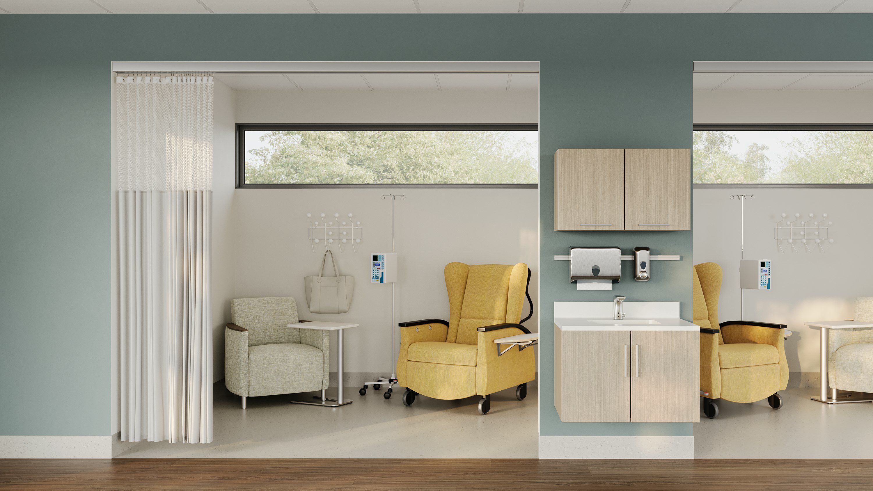 Pod of infusion rooms for long sit chemo and dialysis with the Serenity Recliner and Pamona Armchair