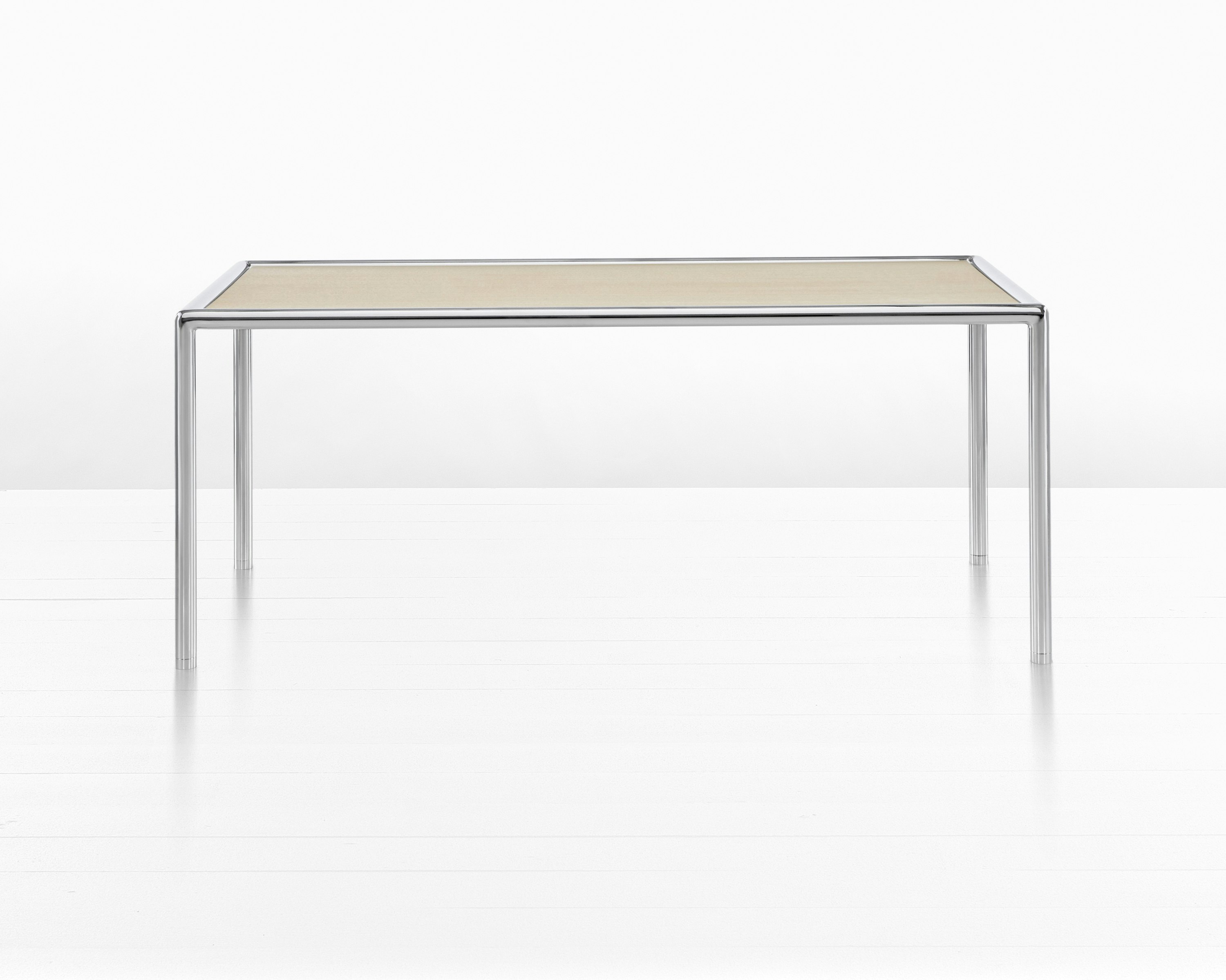 Full Round Table with rectangular surface in white ash as viewed from the front.