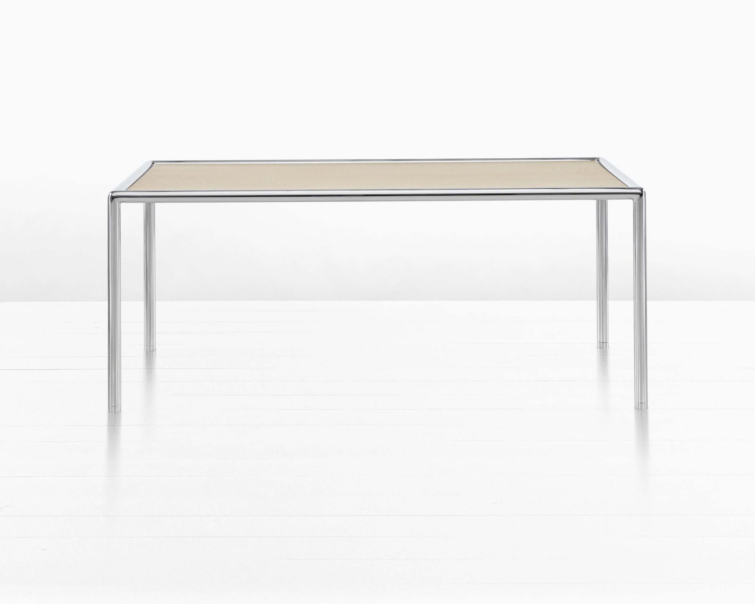 Full Round Table with rectangular surface in white ash as viewed from the front.