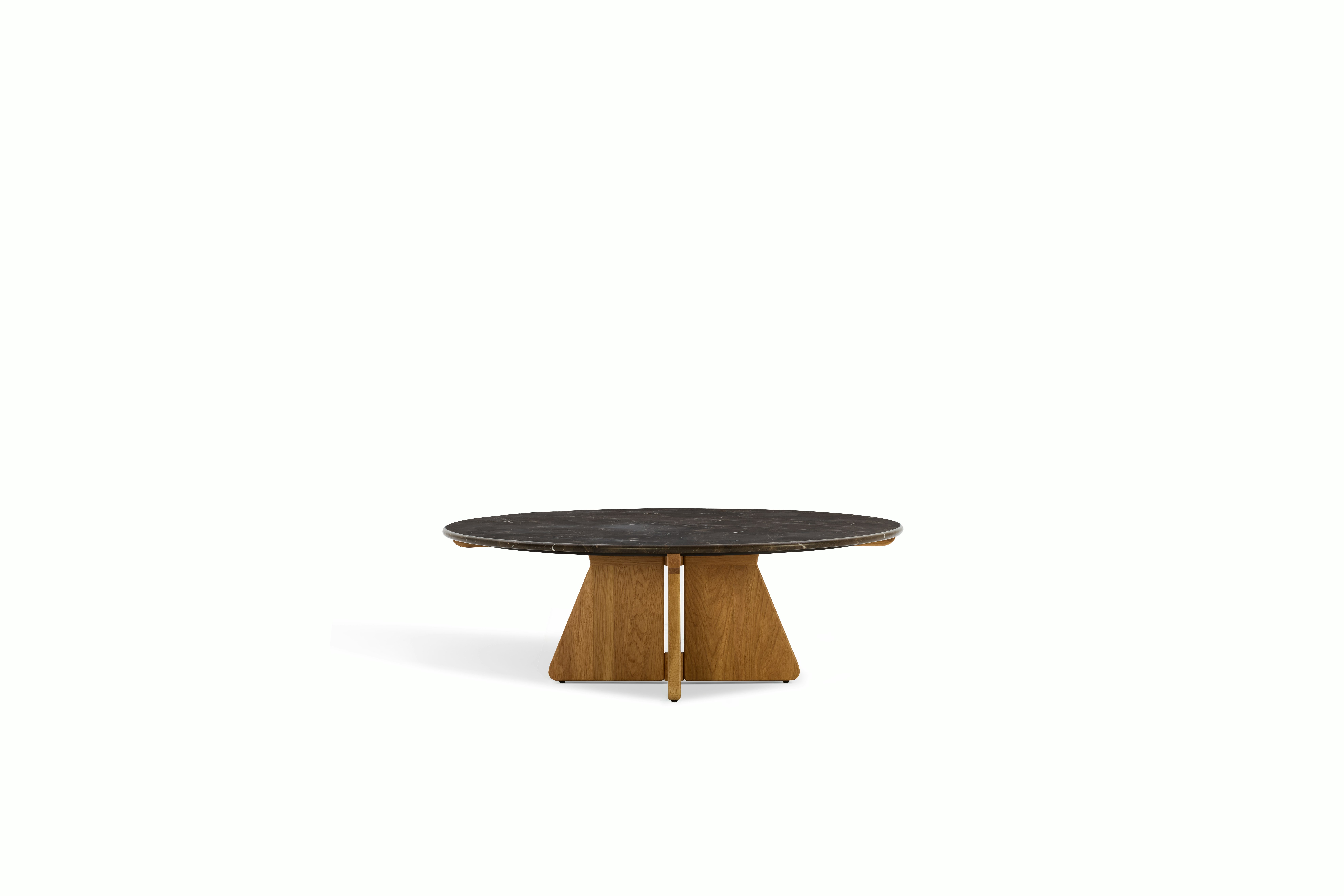 A Pinna Coffee Table in Espresso Oak viewed from the front.