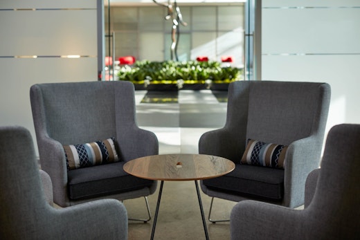 Rockwell Unscripted High Back Lounge Chair Occasional Café Table wire base 