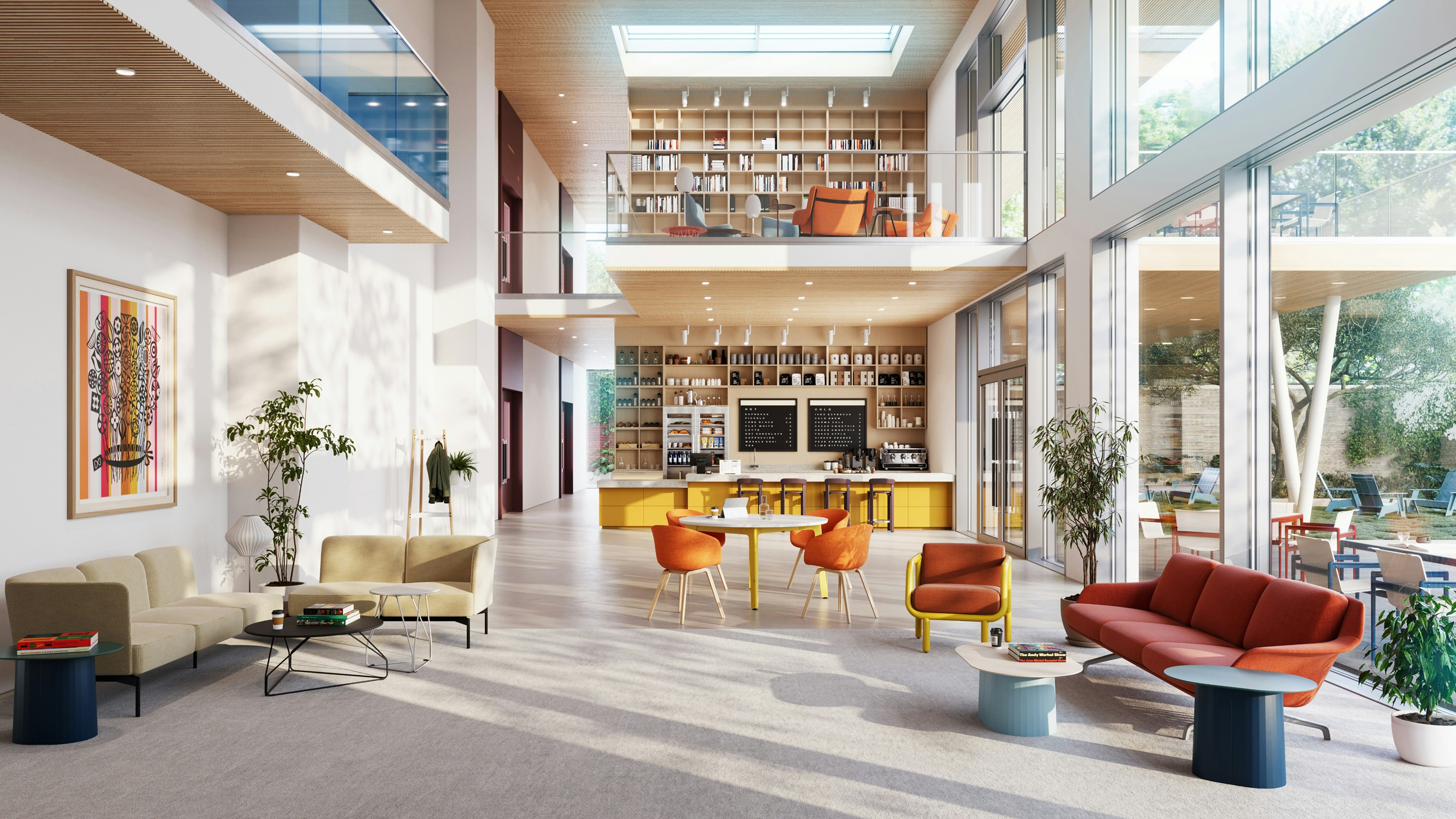 Small-scale coffee shop inside a multi-level library furnished with Herman Miller Striad sofas, NaughtOne Tun tables, and Muuto Wrap Lounge chairs.