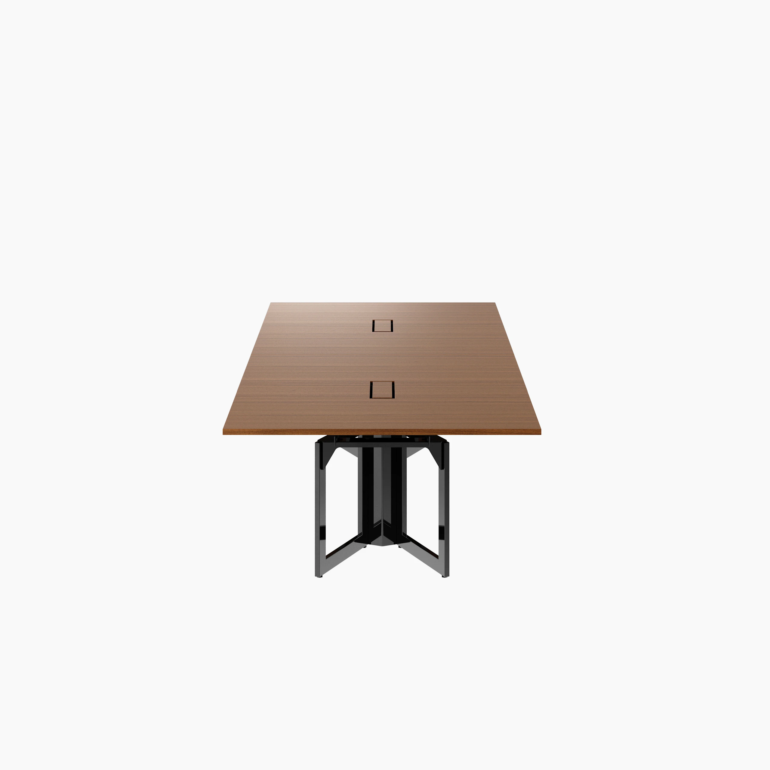 Highline Vector Conference Table in Natural Quarter Cut Walnut with a Jet Black base viewed from the side.