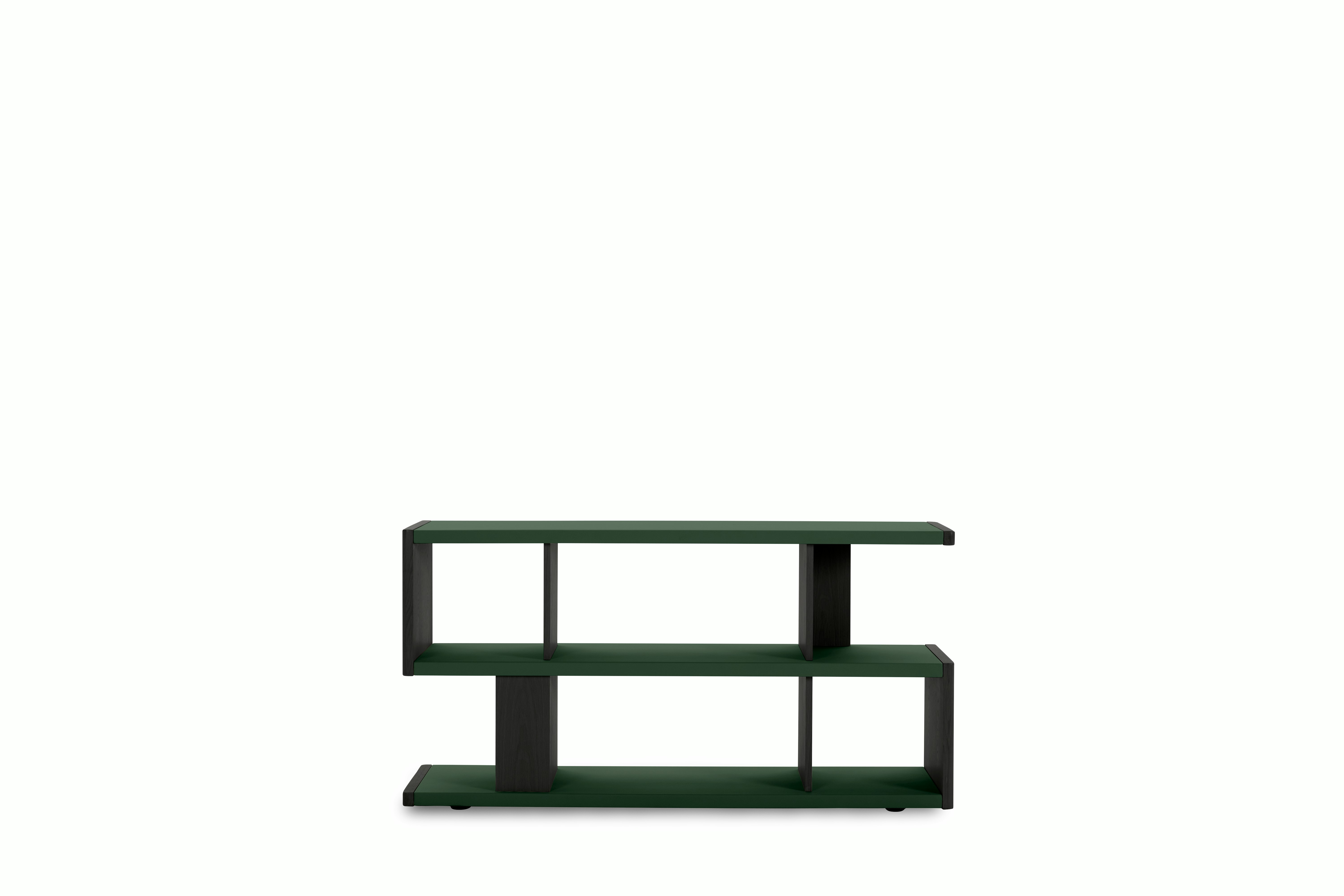 New Canaan Low Bookshelf - Black oak, Bristol Leather, British Green