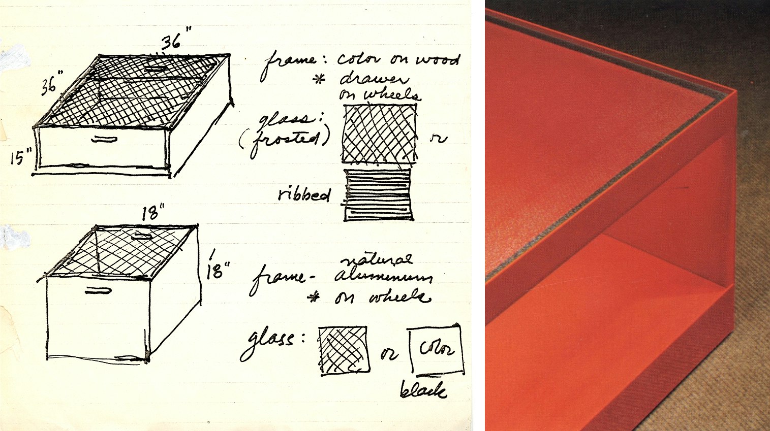 Design sketches of a table from Ward Bennet and Joe D'Urso alongside a red-orange finished version of that table.
