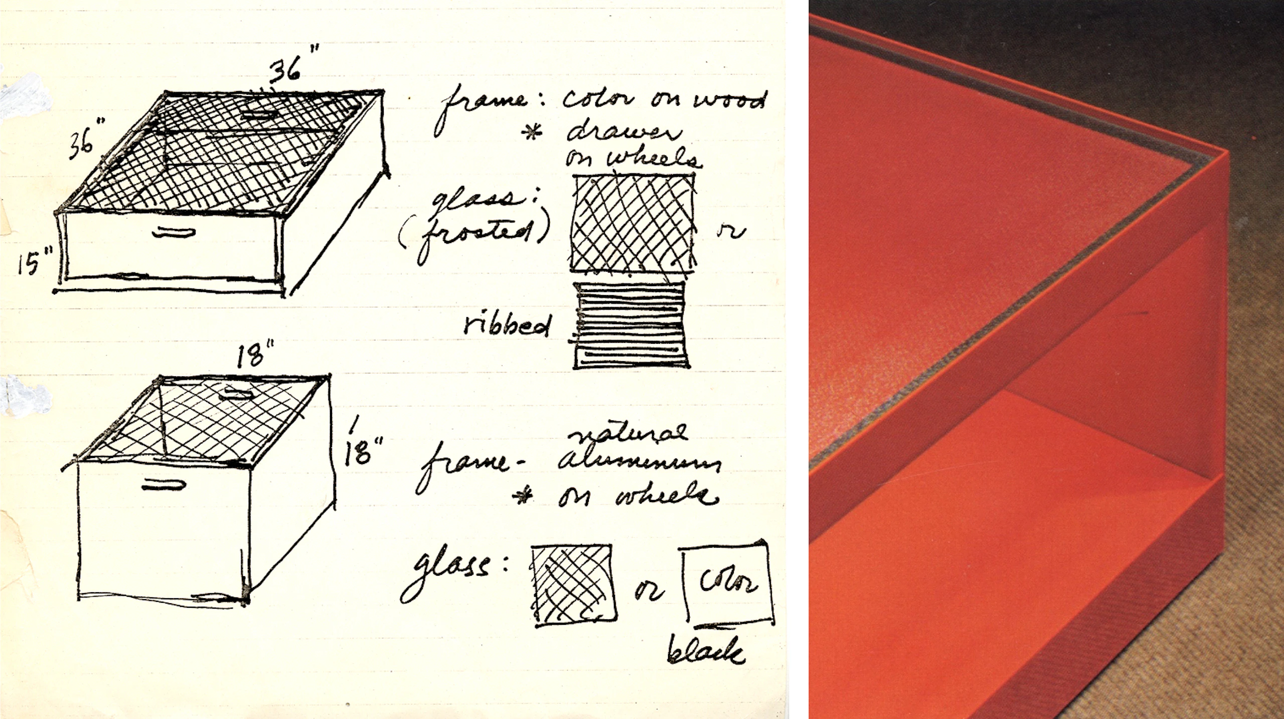 Design sketches of a table from Ward Bennet and Joe D'Urso alongside a red-orange finished version of that table.