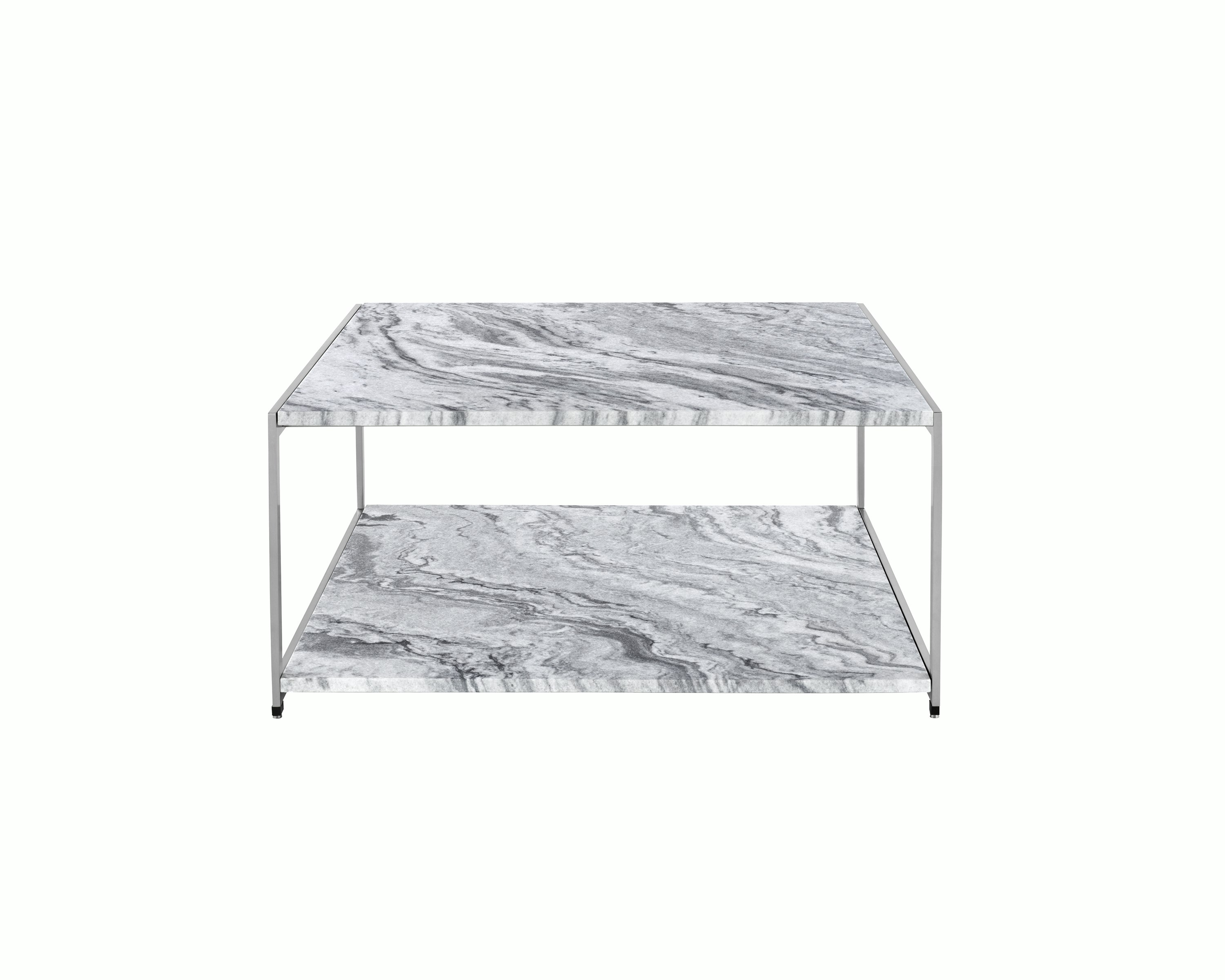 An H Frame coffee table with a metal frame and stone upper and lower surfaces.