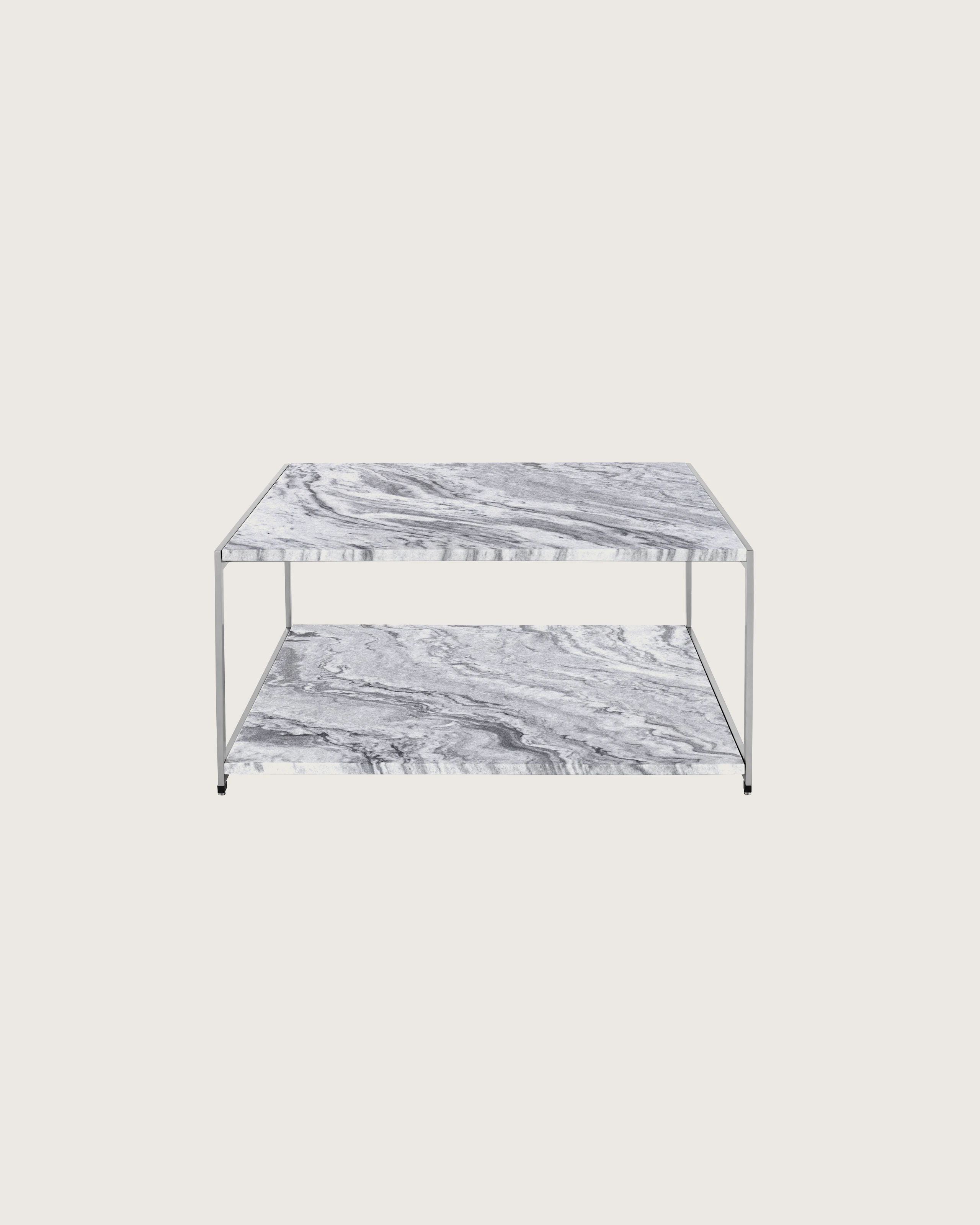 An H Frame coffee table with a metal frame and stone upper and lower surfaces.