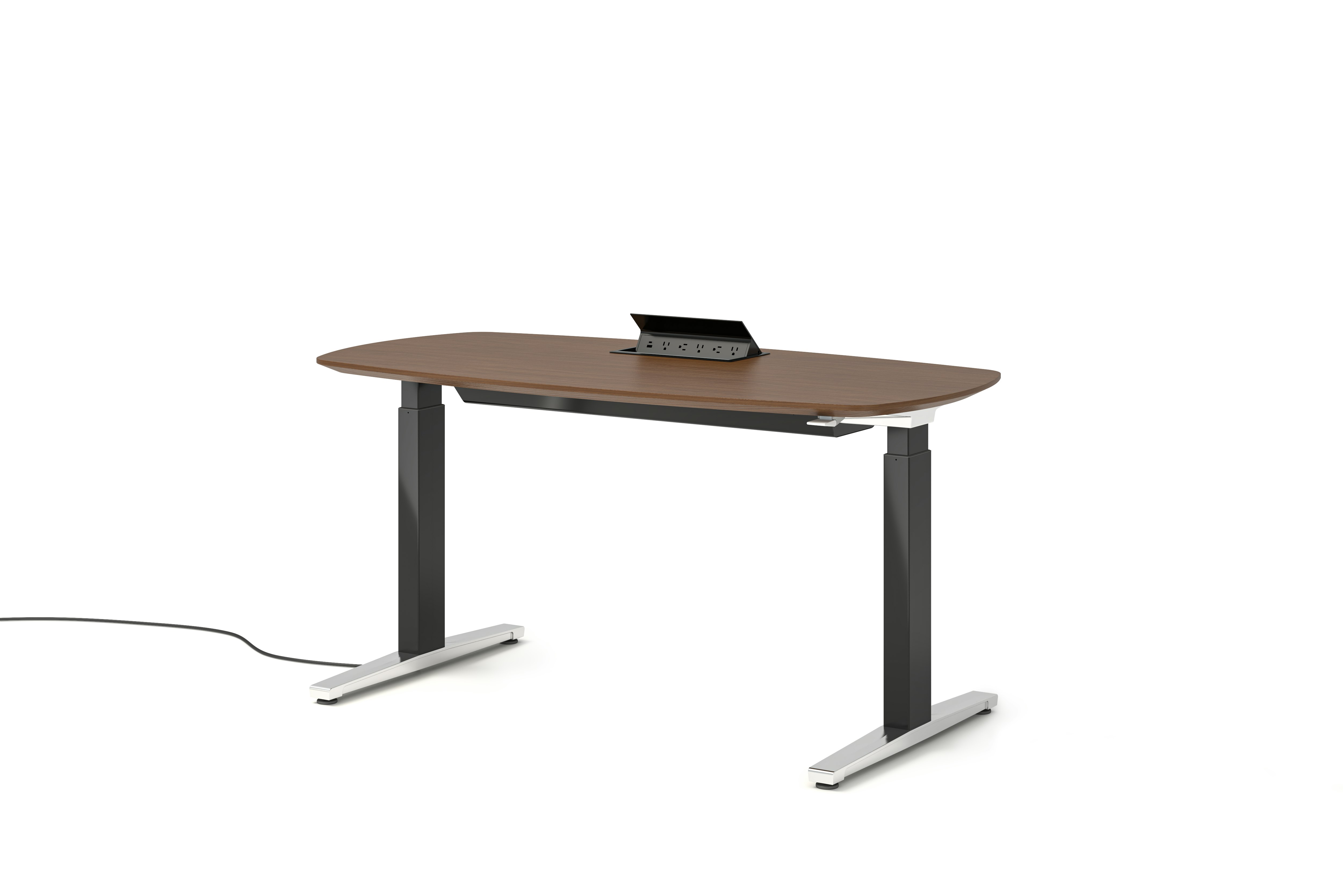 Renew S2S Embedded Power Desk - Executive,  29 x 58,  Veneer Walnut,  Graphite Satin / Polished Aluminum,  Integrated Cord Management,  Hidden Power,  Standard,  T Leg