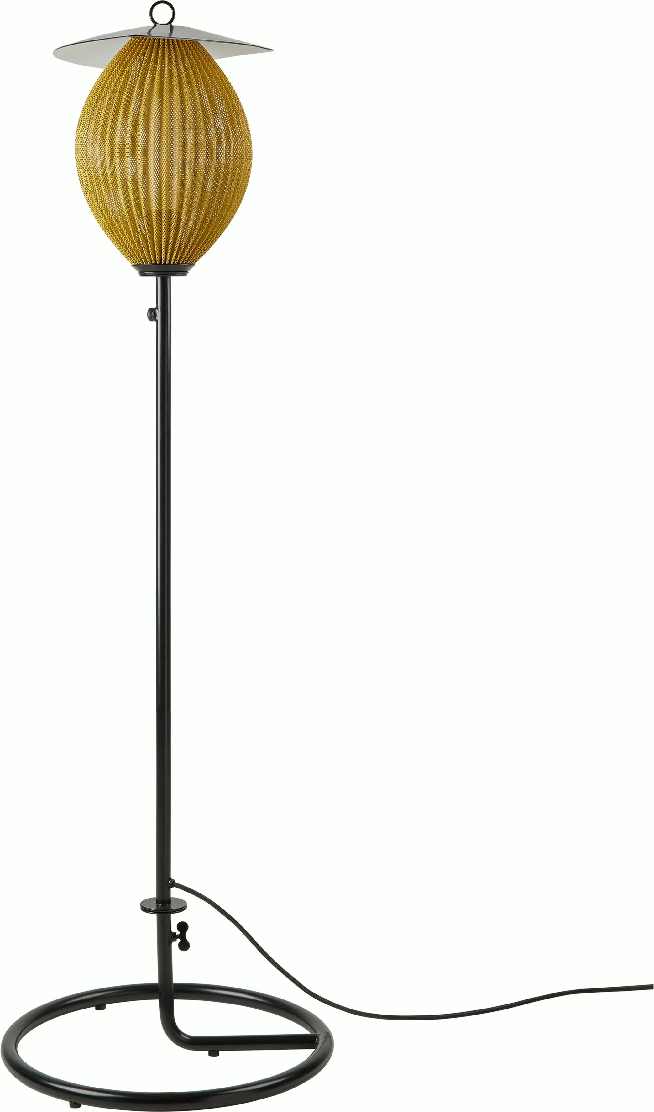 A Satellite Outdoor Floor Lamp in Mustard Gold viewed from the front.