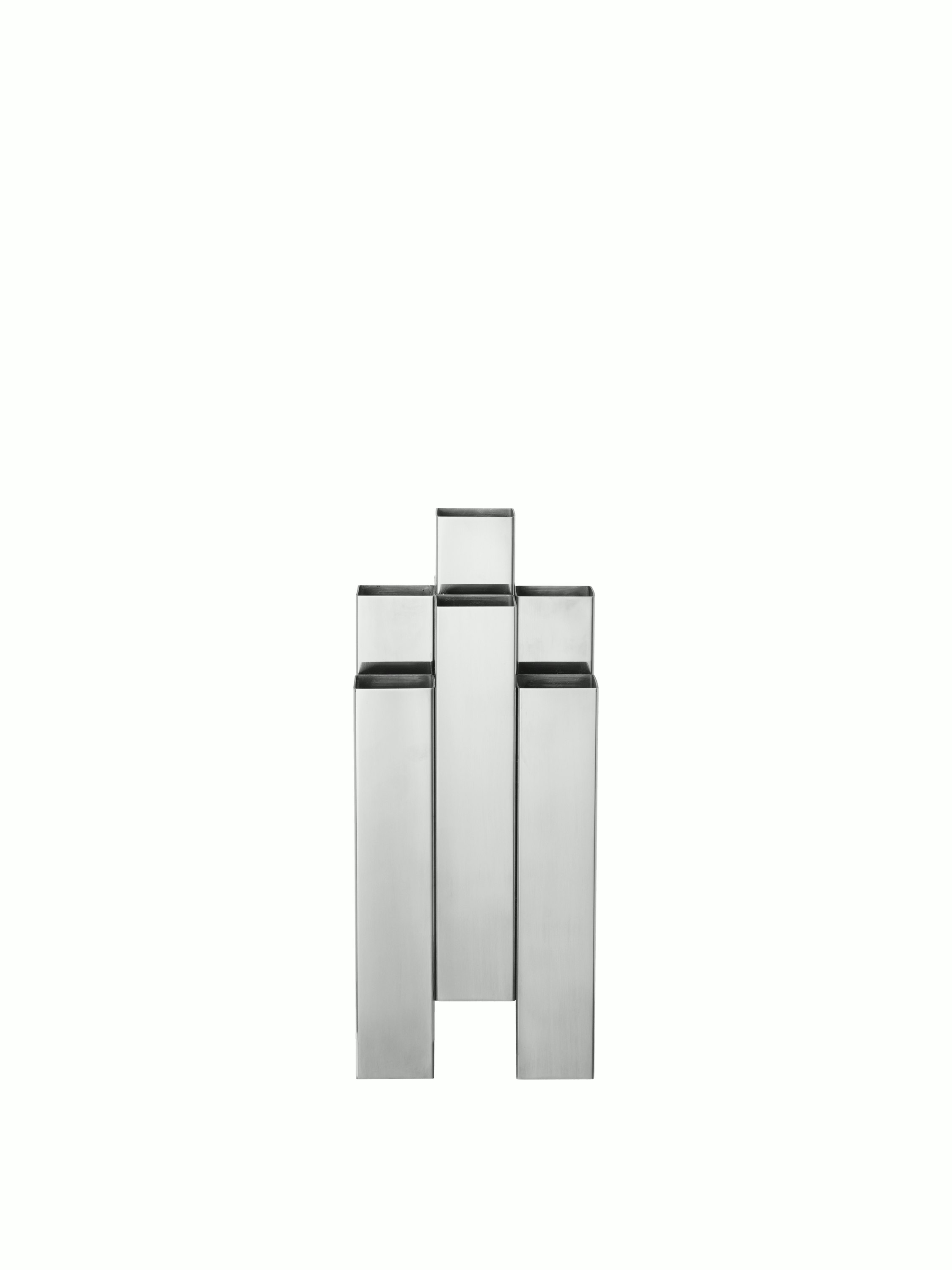 A Tessera Vase in stainless steel Viewed from the front.