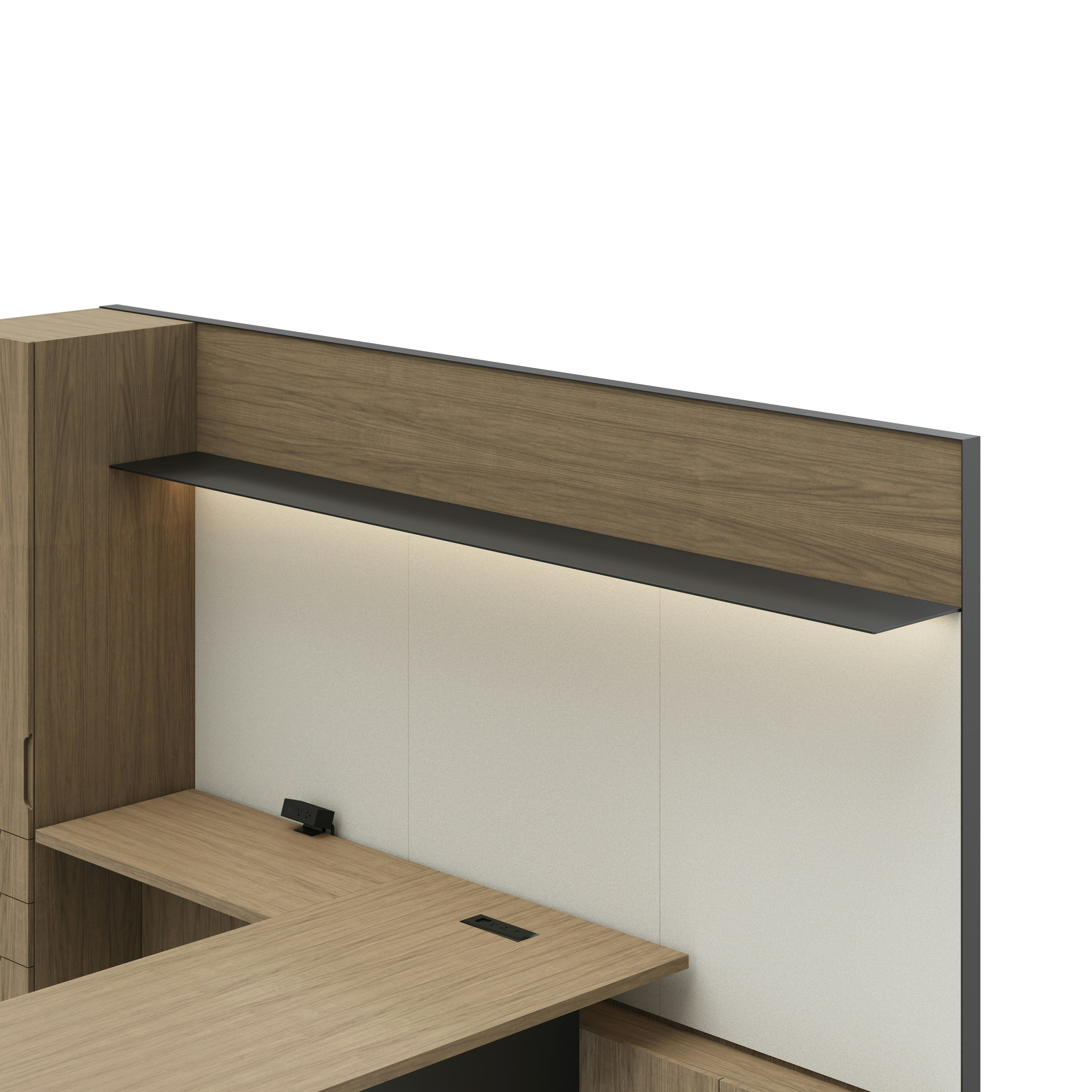 Detail shot of the Geiger One Casegoods metal shelf overhead option in a Natural Flat Cut Walnut private office viewed from an angle.
