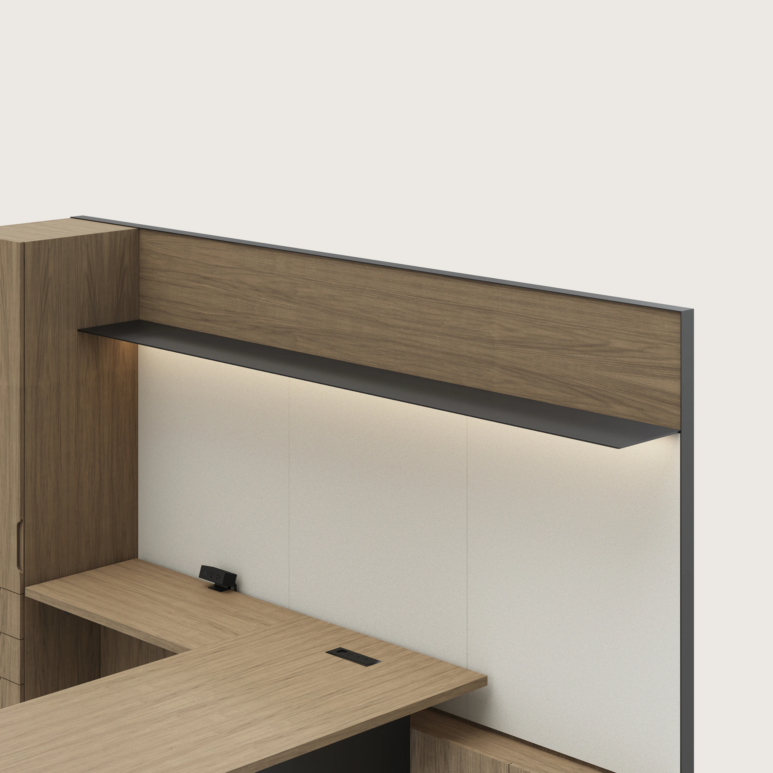 Detail shot of the Geiger One Casegoods metal shelf overhead option in a Natural Flat Cut Walnut private office viewed from an angle.