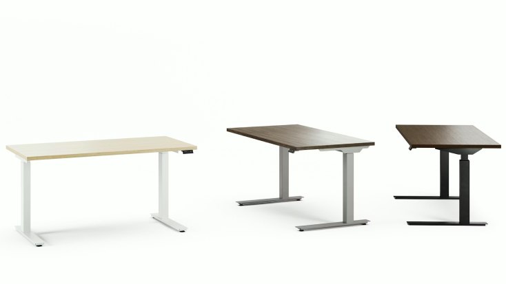 k. stand Height-Adjustable tables by Knoll shown in three finishes, each with a rectangular tabletop and metal T-style base.