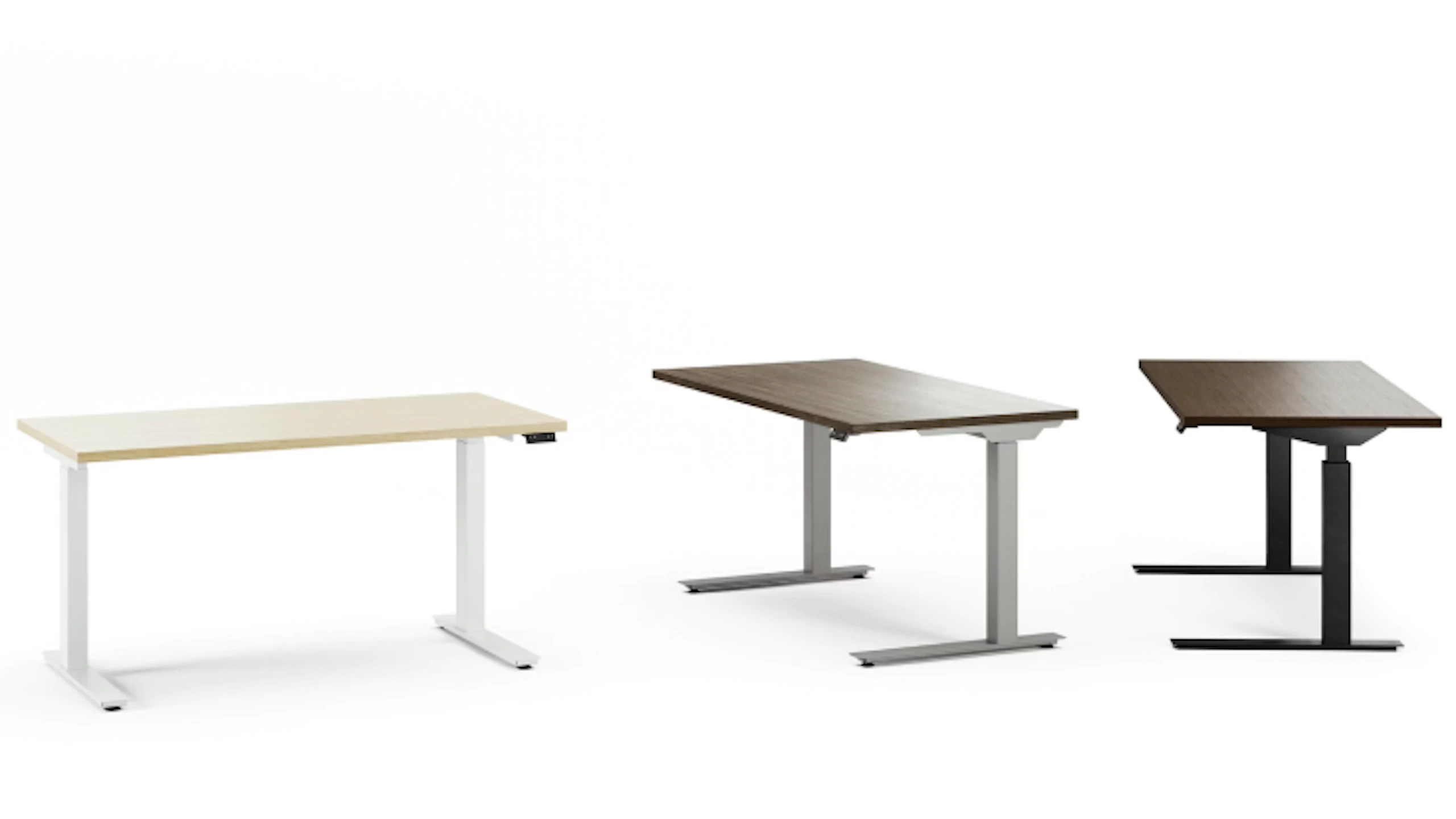 k. stand Height-Adjustable tables by Knoll shown in three finishes, each with a rectangular tabletop and metal T-style base.
