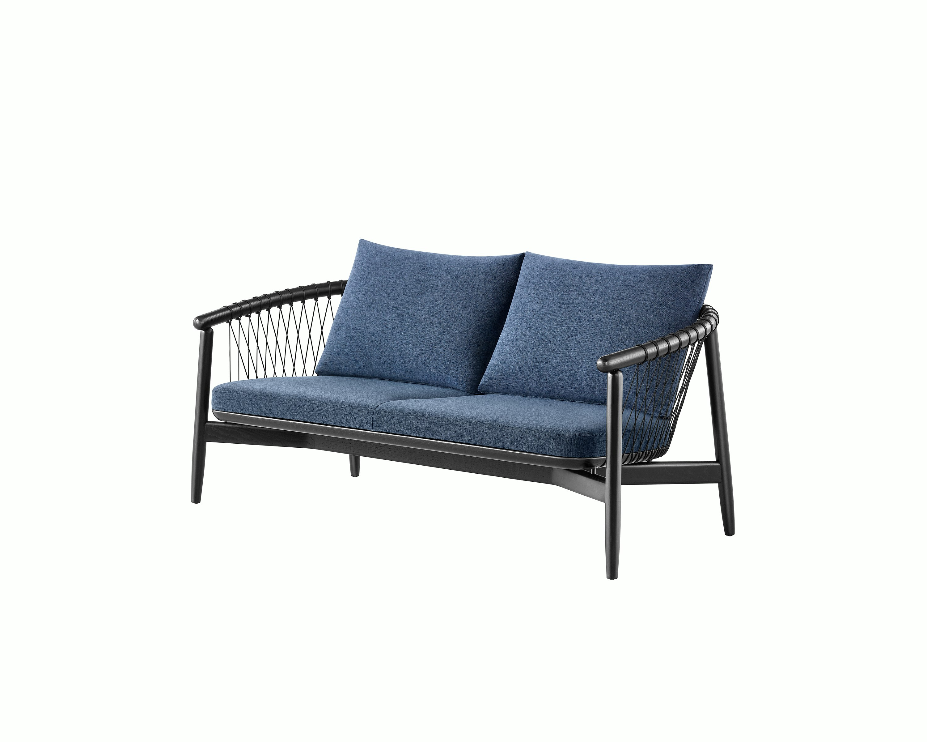 A dark colored Crosshatch Settee featuring navy upholstery and an ebony on ash frame. Viewed at an angle.