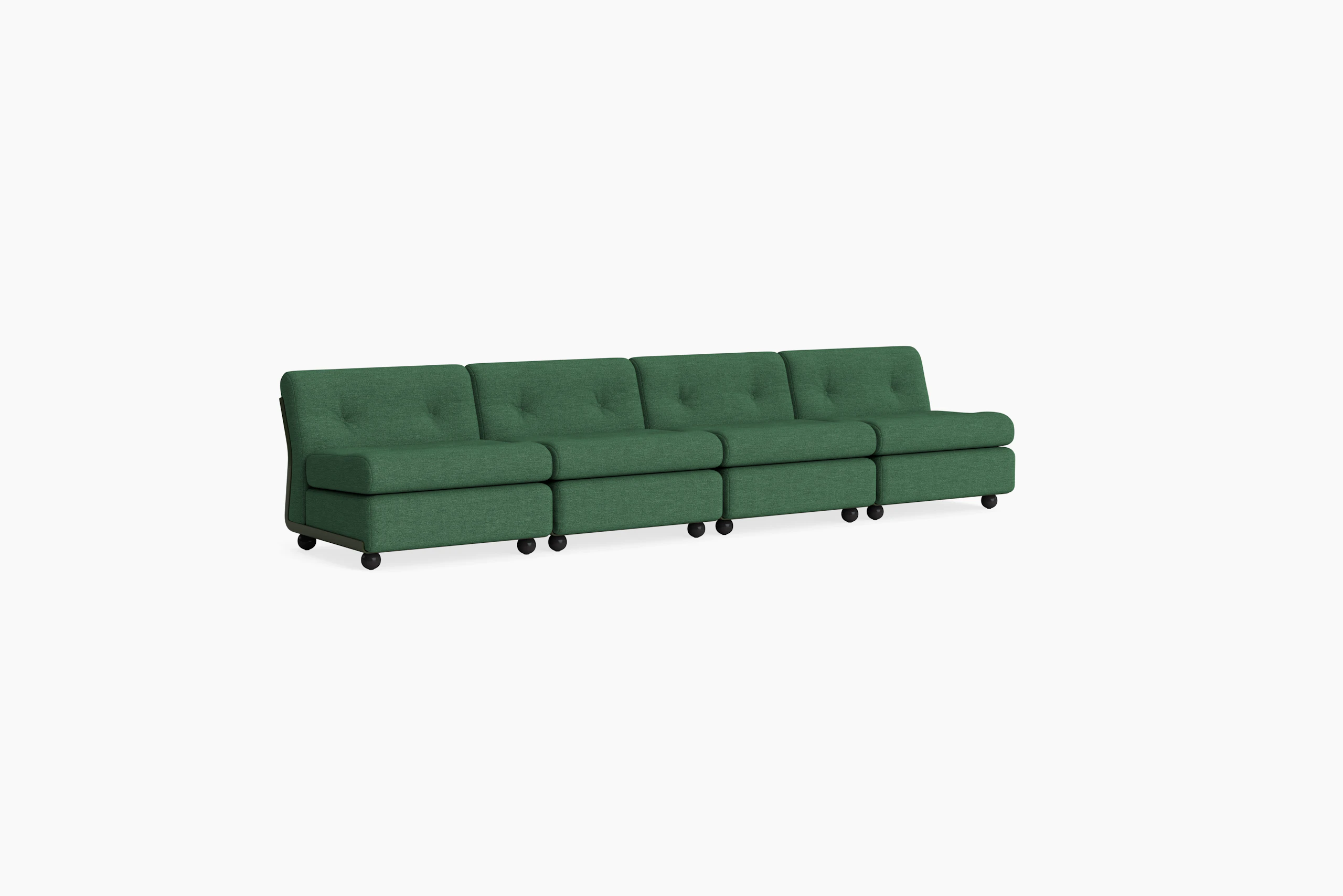 Four-seat green upholstered Amanta sofa with black legs, angled view from left side.