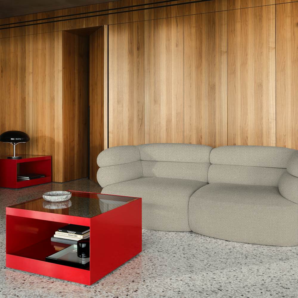 Biboni Sofa in Solid Sublime Greige with D'Urso Coffee Table in Crimson