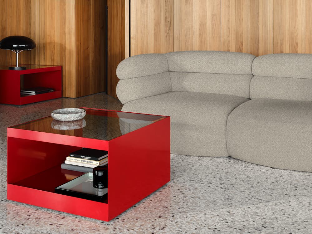 Biboni Sofa in Solid Sublime Greige with D'Urso Coffee Table in Crimson