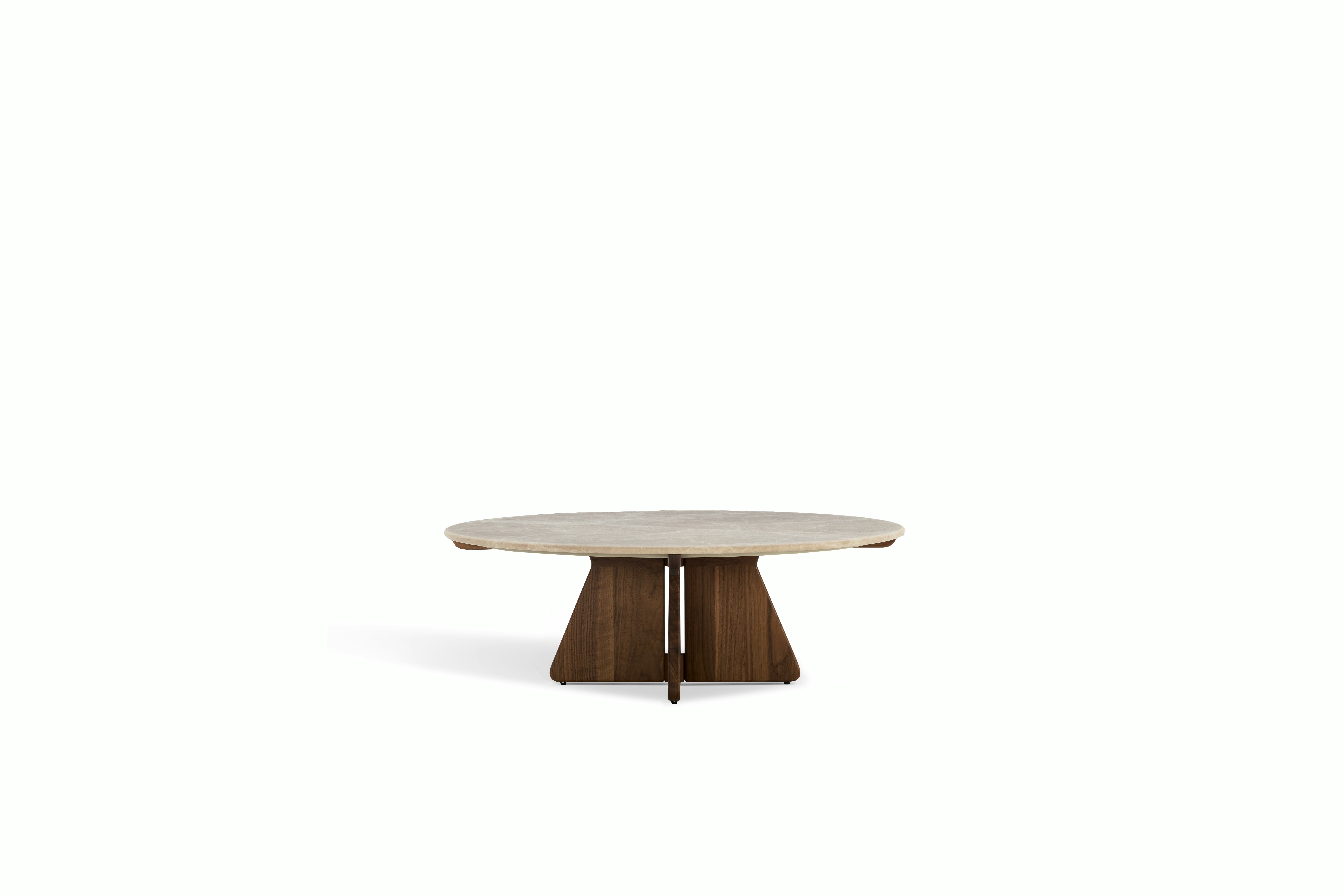 A Pinna Coffee Table in Emperador Walnut viewed from the front.