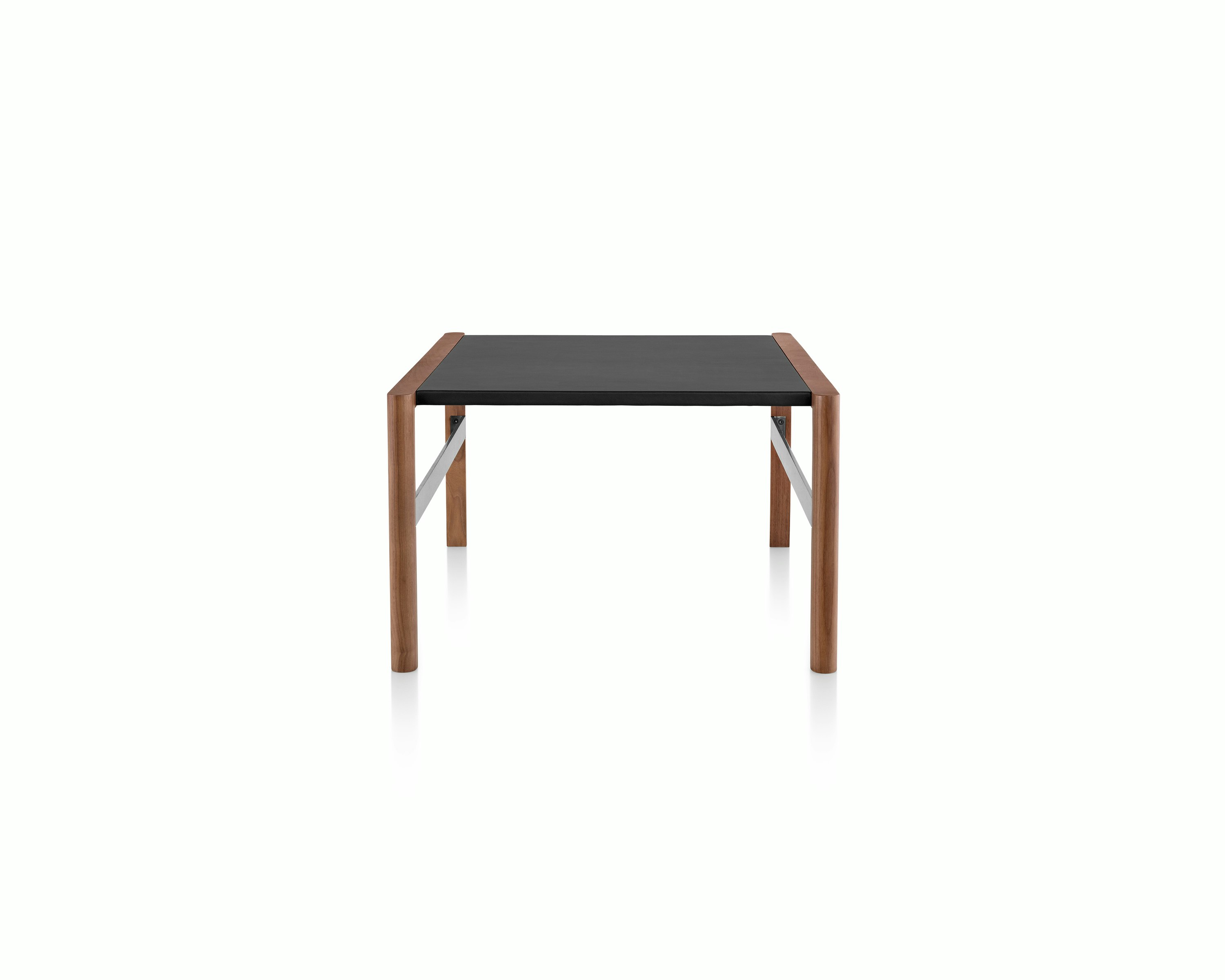 A Brabo side table with a black leather-wrapped top, walnut frame, and metal frame supports, viewed from the side.