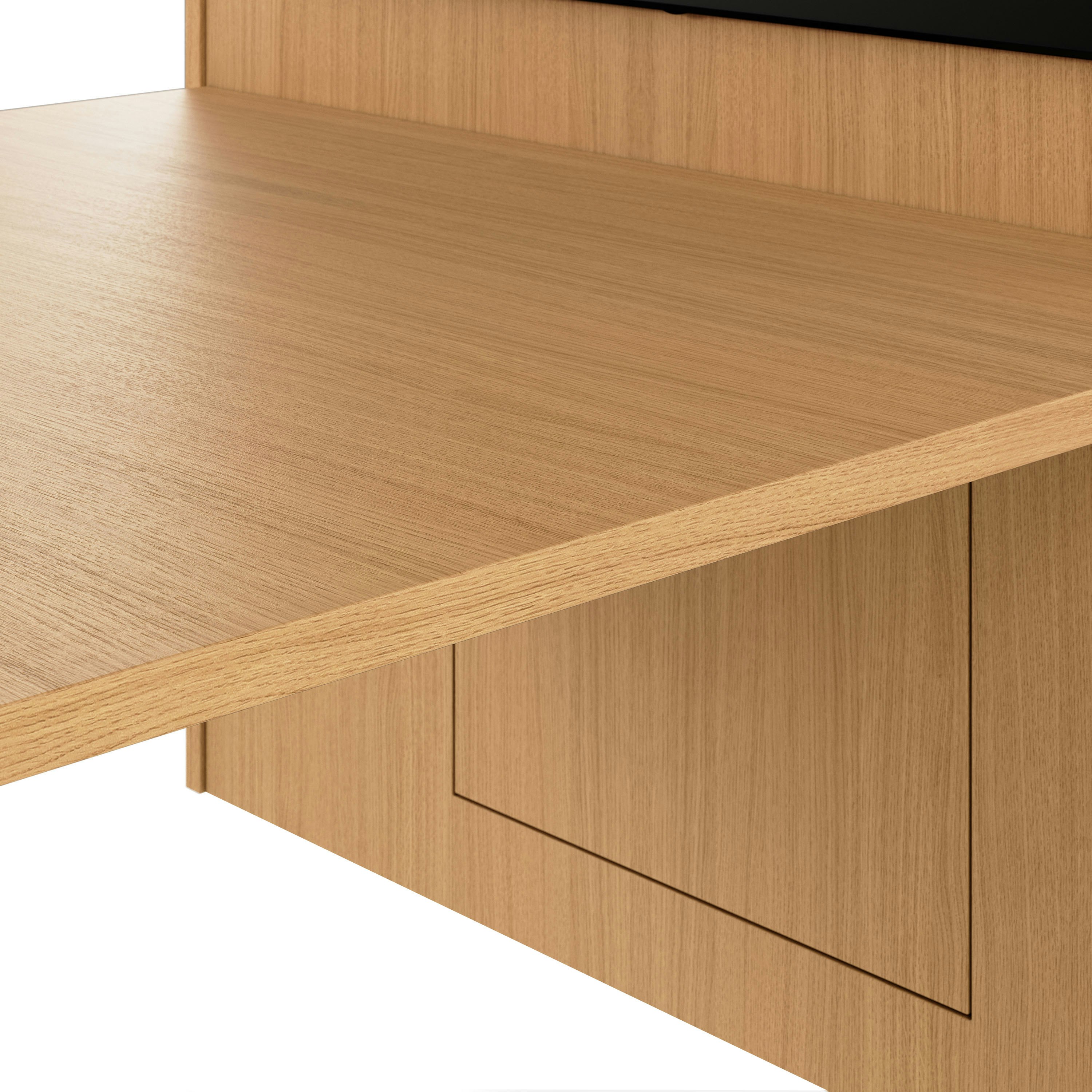 Edge detail shot of JD Media Table and Wall in Natural Rift Cut Oak with a 1 and a 1/4 inch thick top.