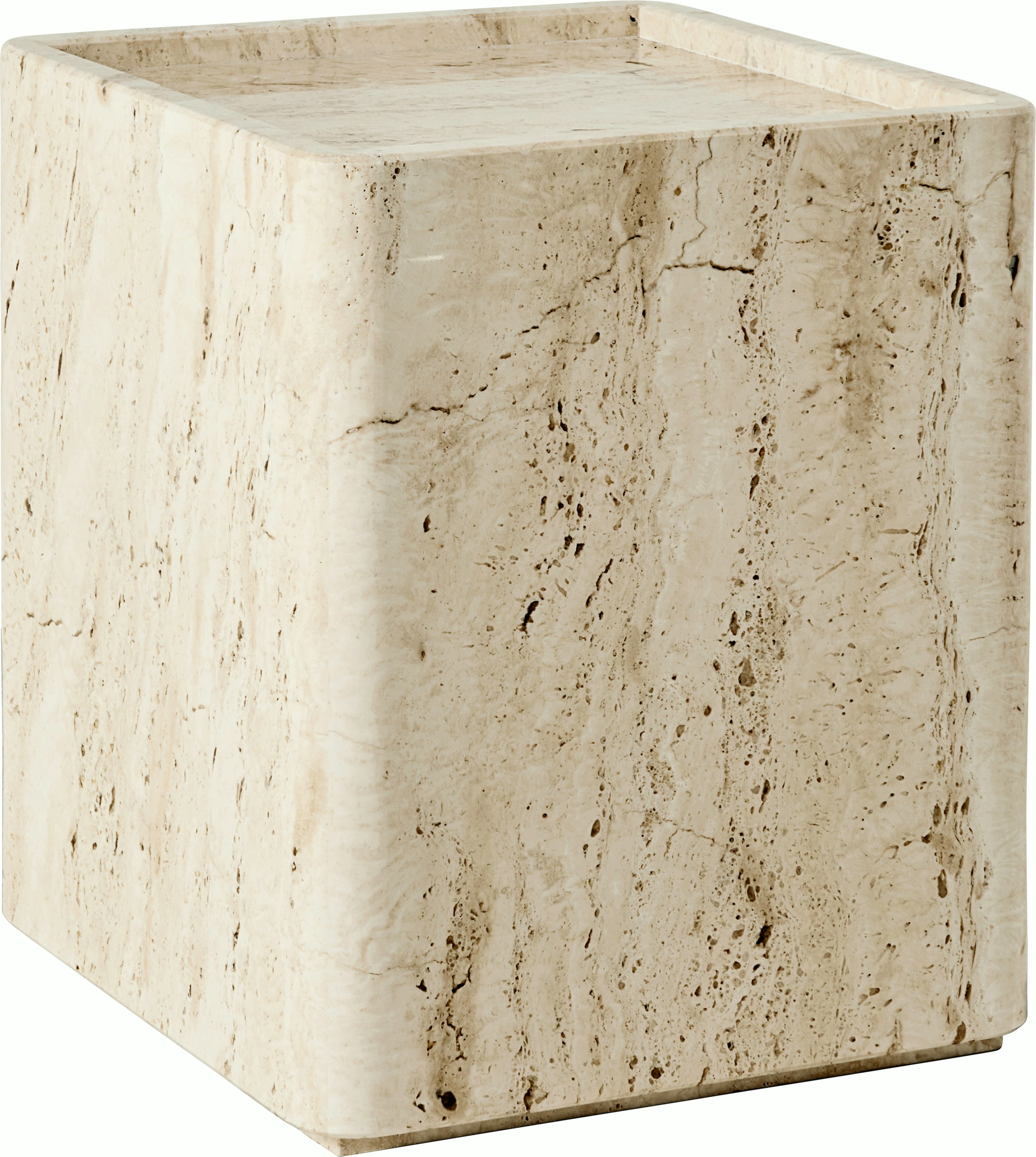 A Pietra Side Table in Travertine, Neutral White viewed from an angle.
