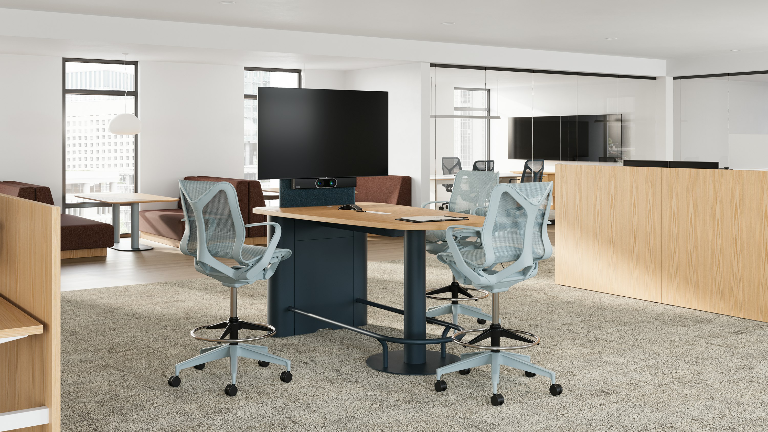 Headway Huddle Table in semi-enclosed space, featuring Knoll power and table-mounted monitor.