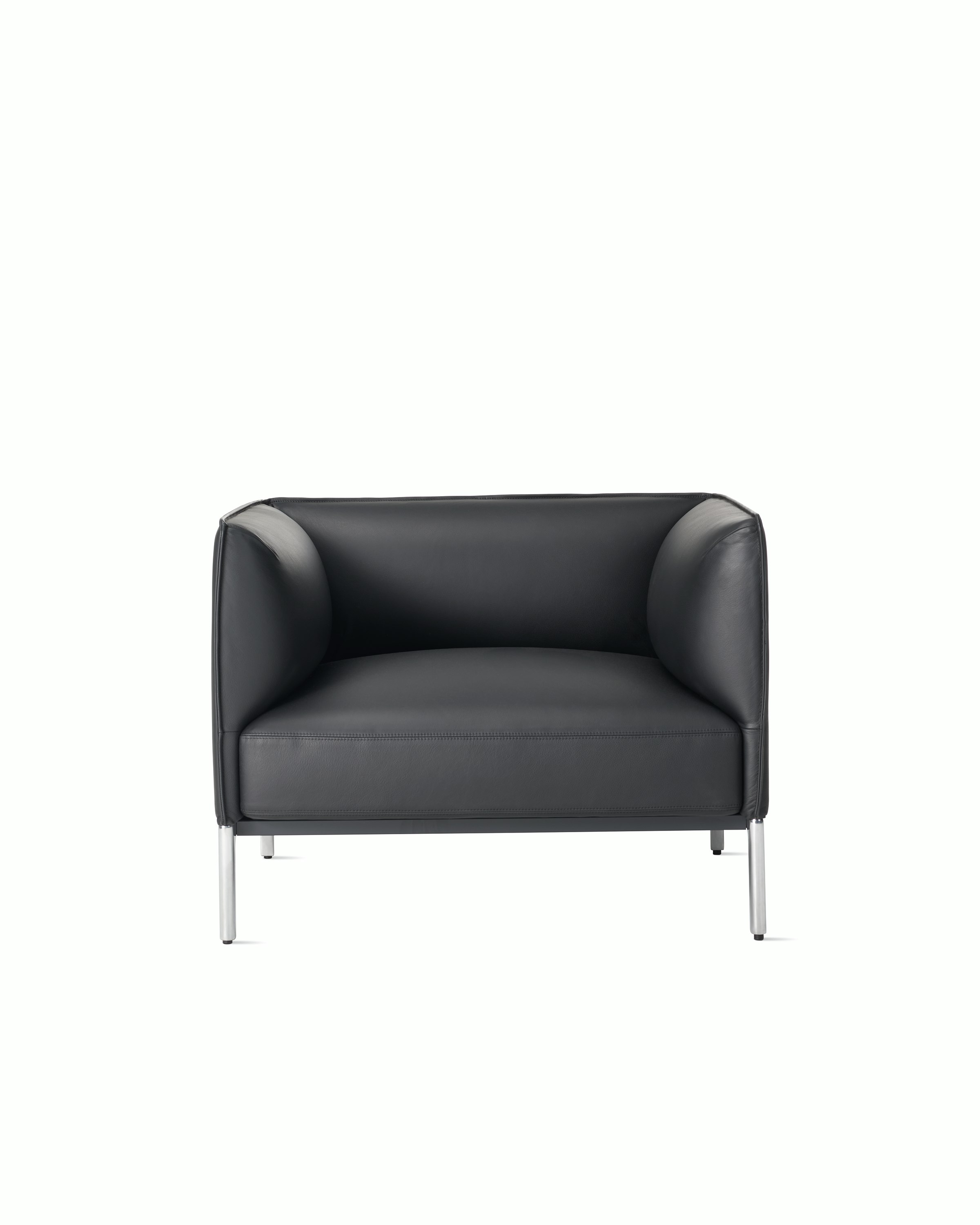 Front view Black leather Mimo Club Chair with polished legs on white background.