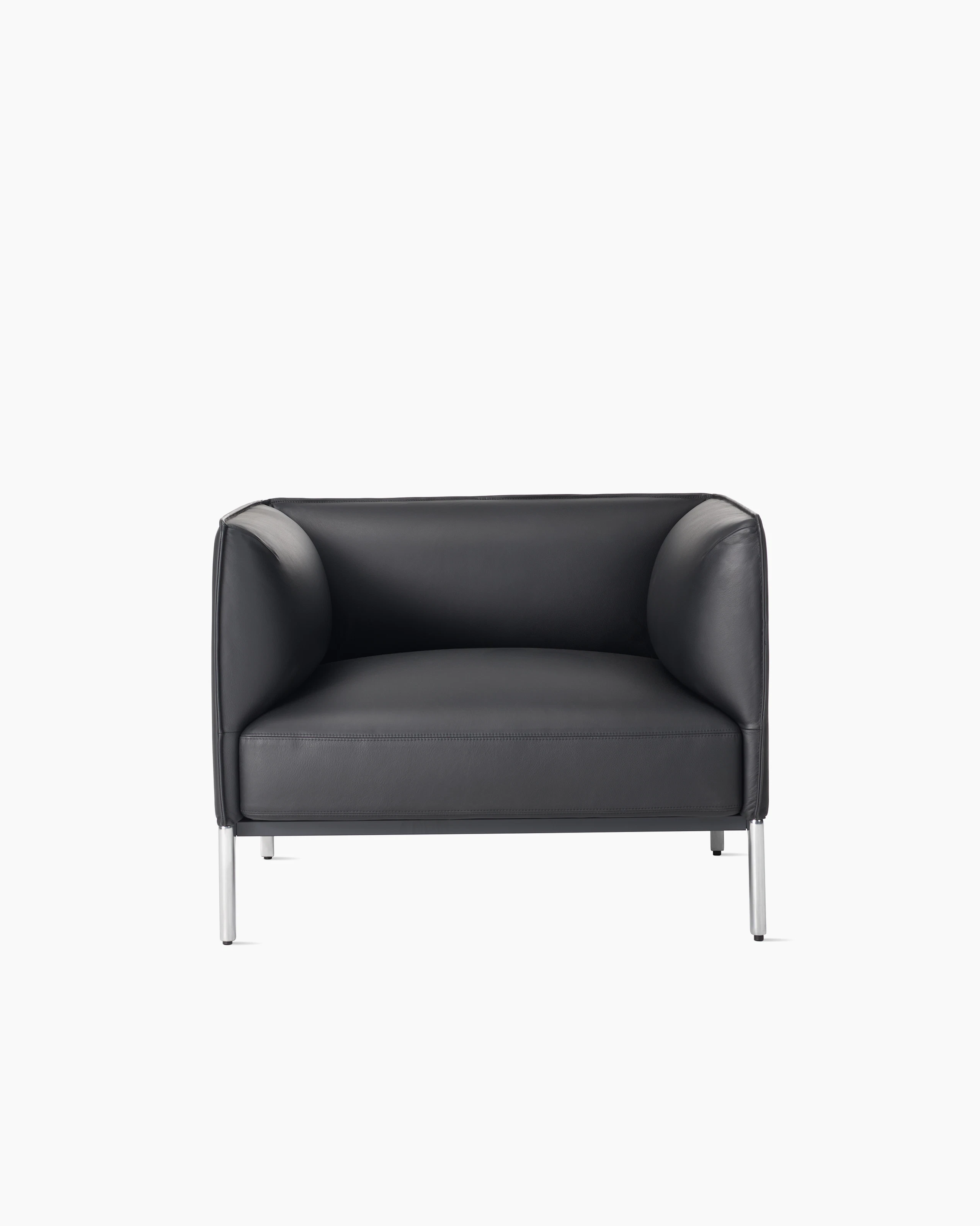 Front view Black leather Mimo Club Chair with polished legs on white background.
