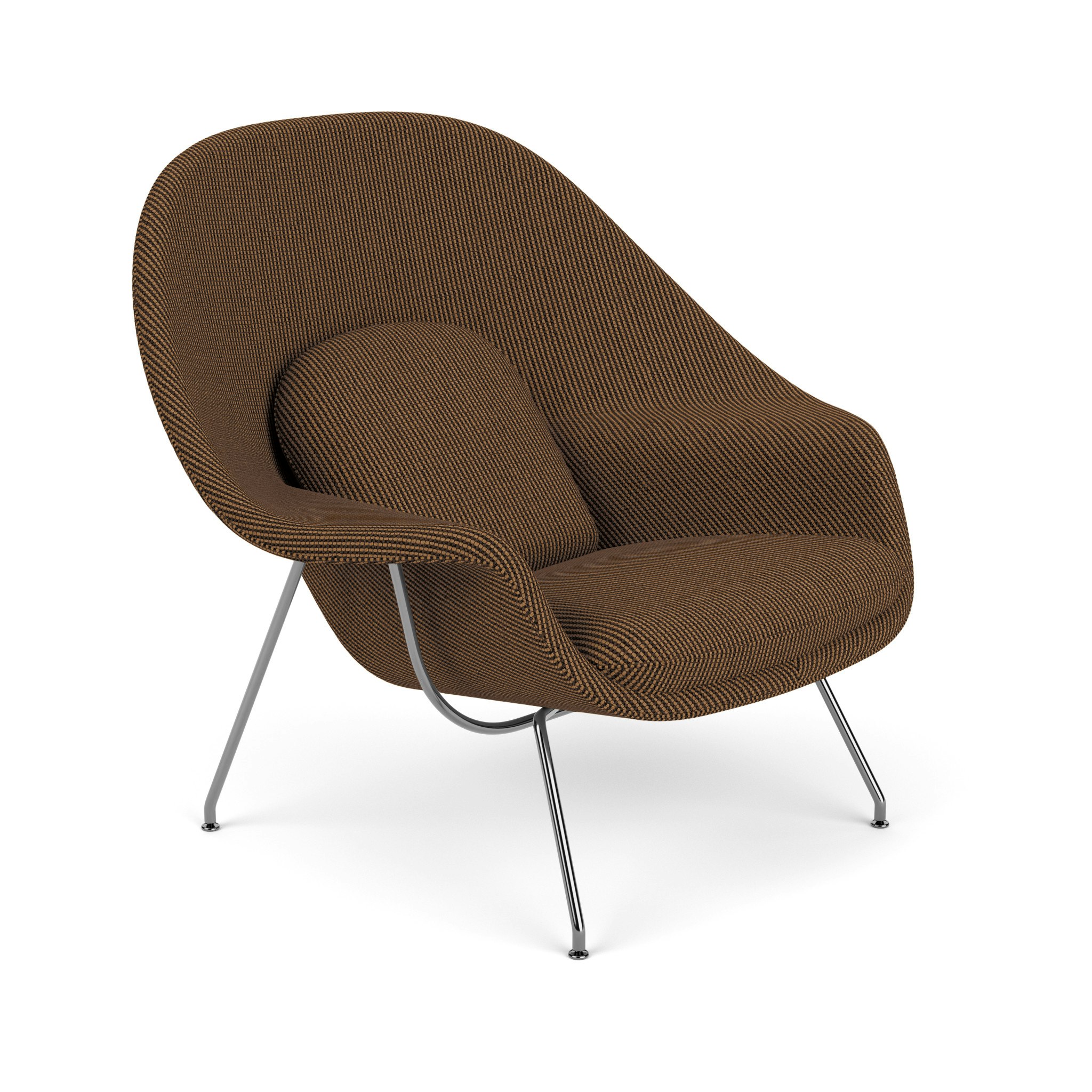 A Womb Chair in Cato, Brunette upholstery with Polished Chrome base/finish viewed from an angle.