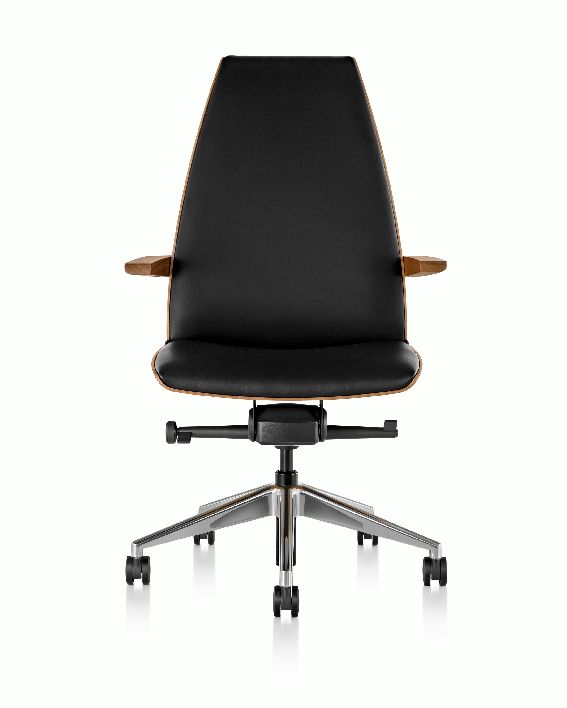 A high-back Clamshell office chair with arms and black leather upholstery, viewed from the front.