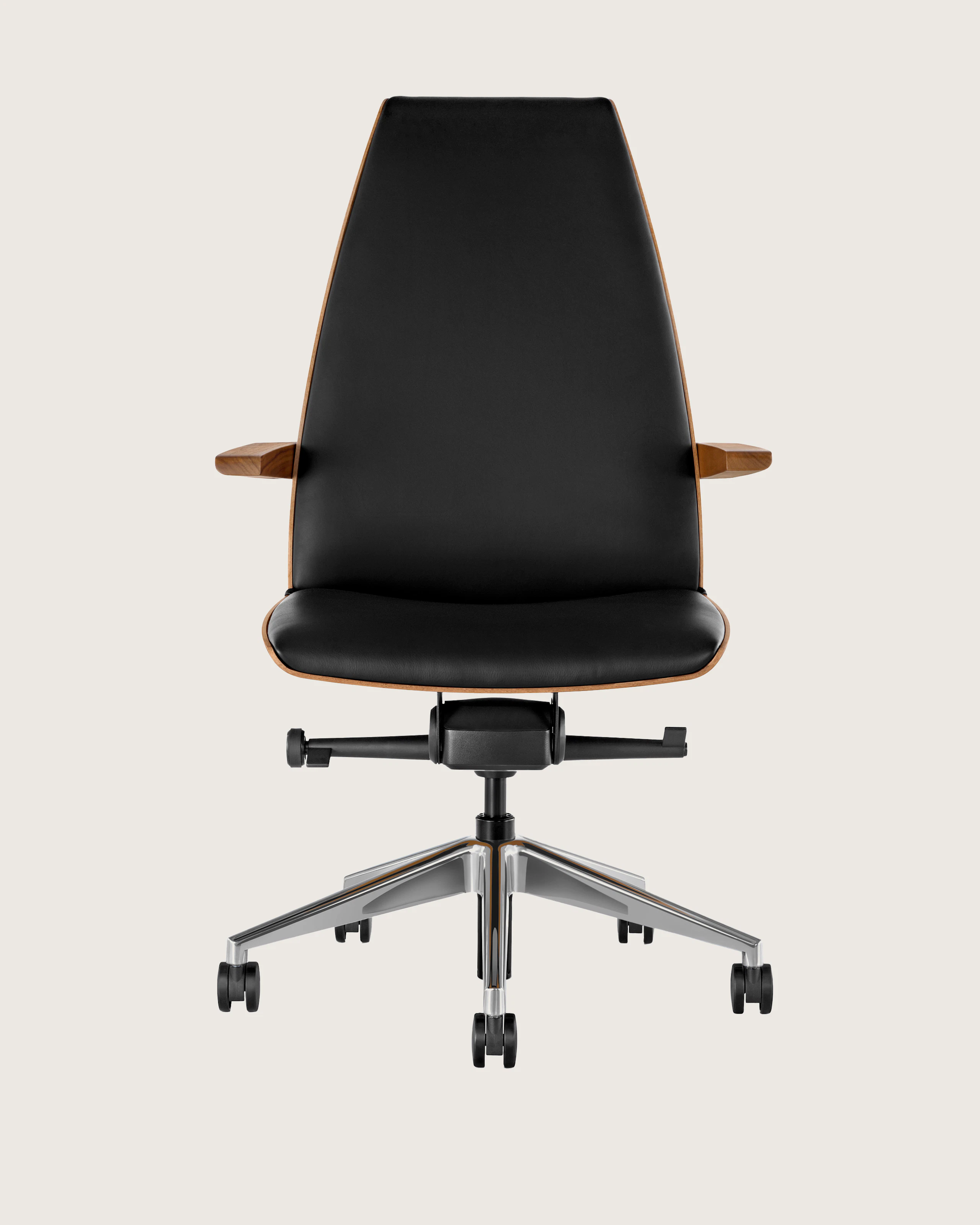 A high-back Clamshell office chair with arms and black leather upholstery, viewed from the front.