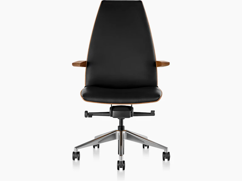 A high-back Clamshell office chair with arms and black leather upholstery, viewed from the front.