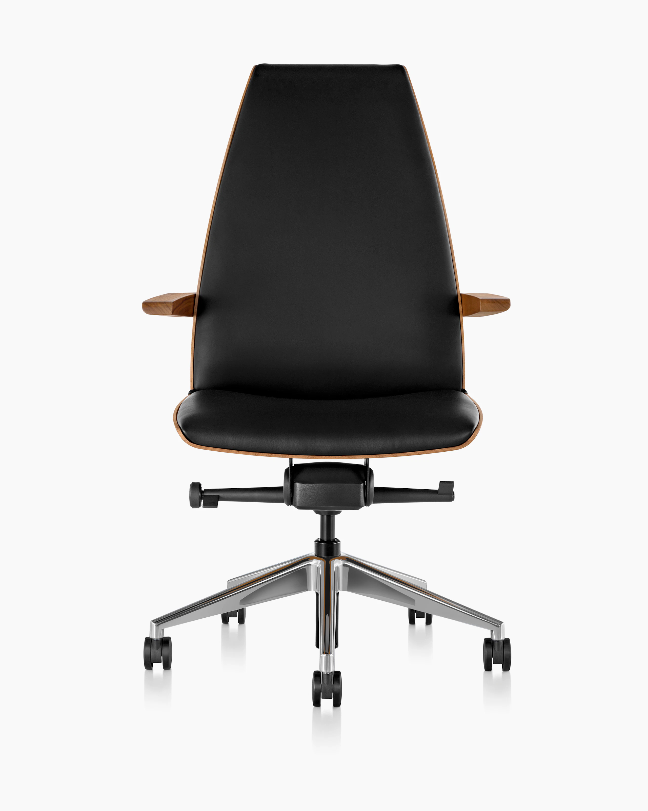A high-back Clamshell office chair with arms and black leather upholstery, viewed from the front.