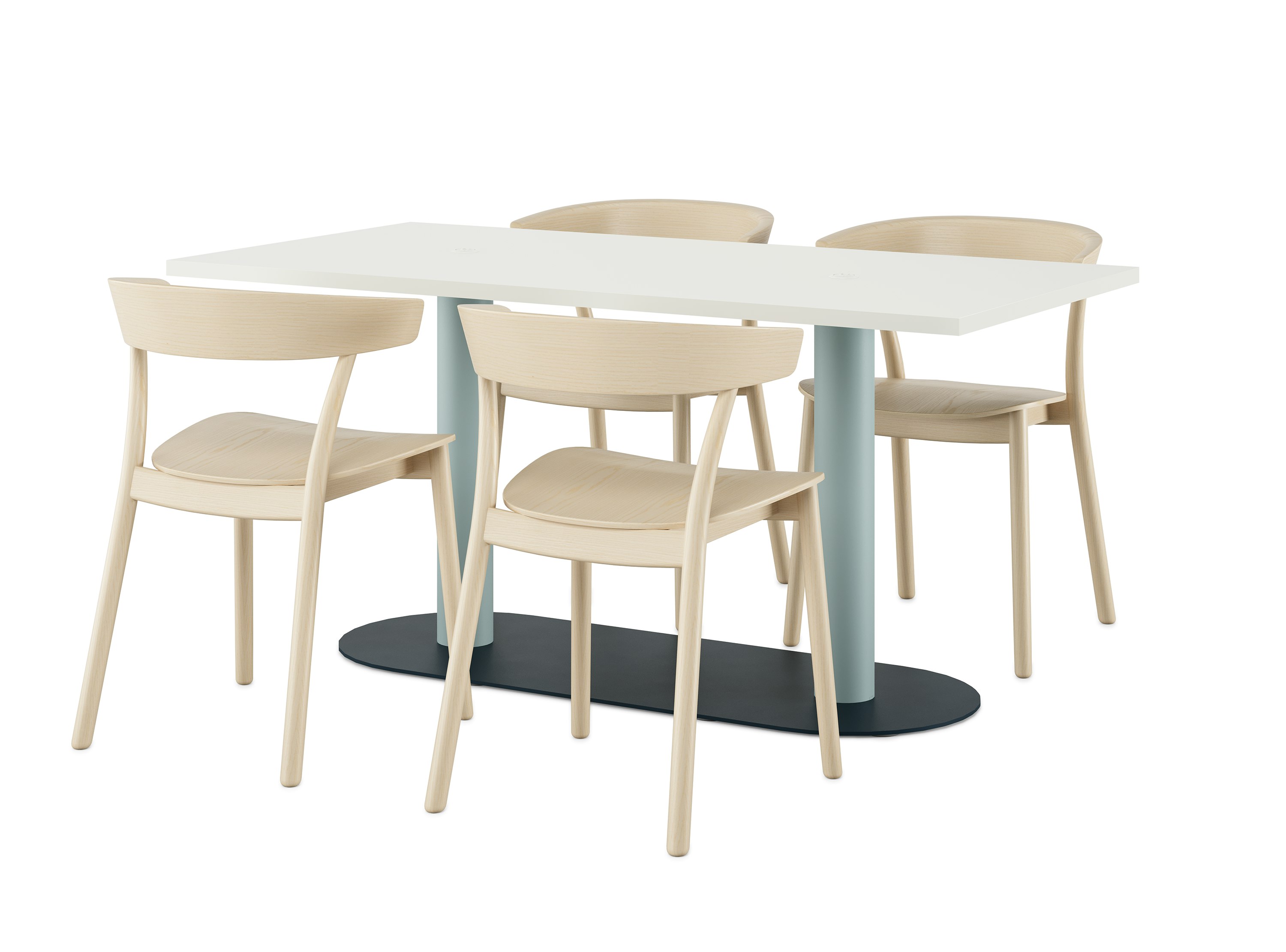 Headway Cafe Table with AC Power Cut-Out and Leeway Side Chair Seating.