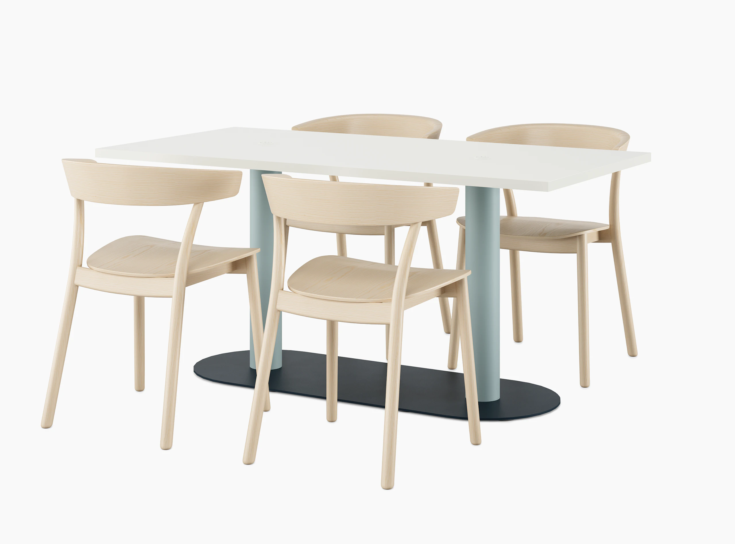 Headway Cafe Table with AC Power Cut-Out and Leeway Side Chair Seating.