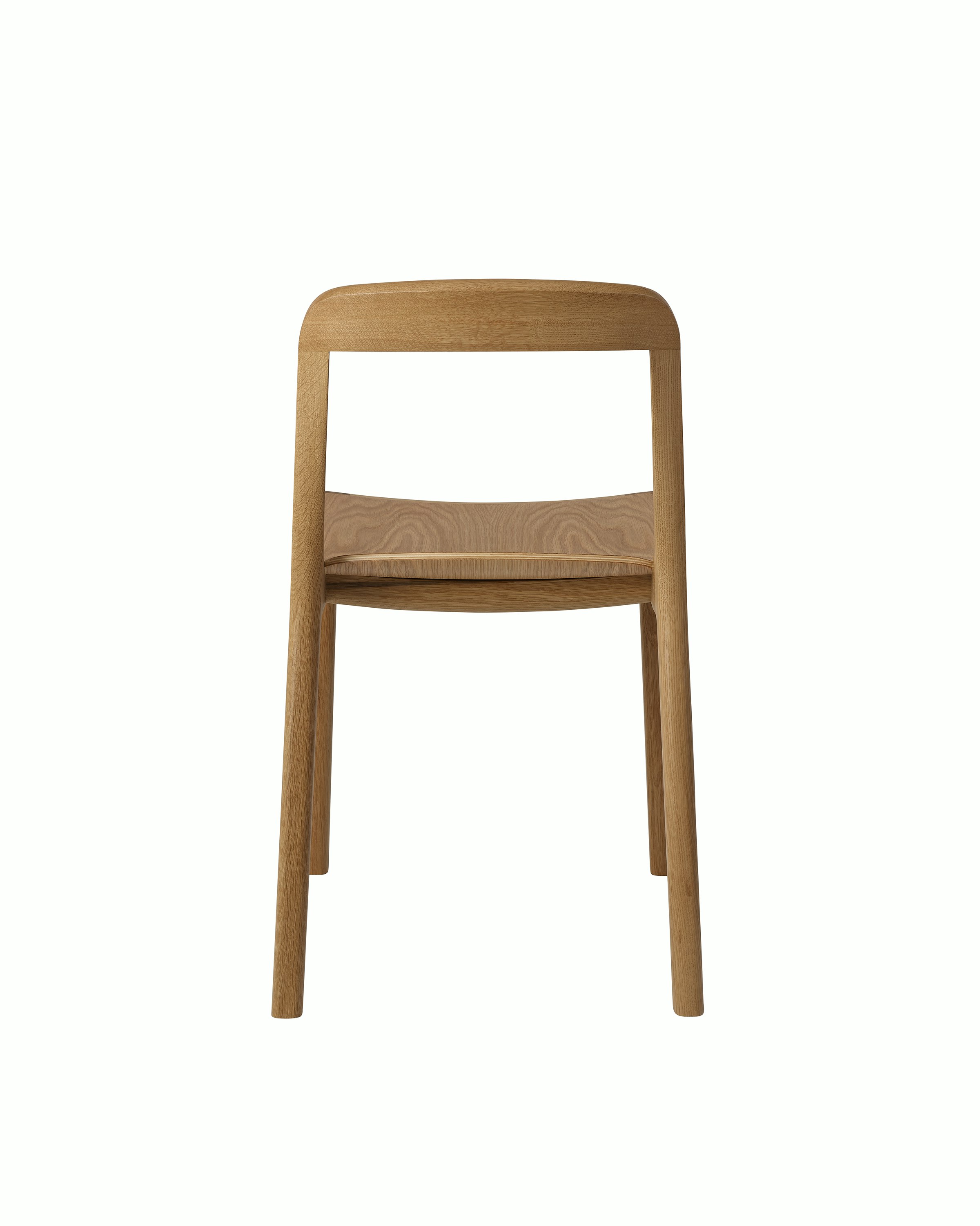 Lijn Side Chair by Carole Baijings for Geiger in Natural Oak frame, back view on a white sweep.