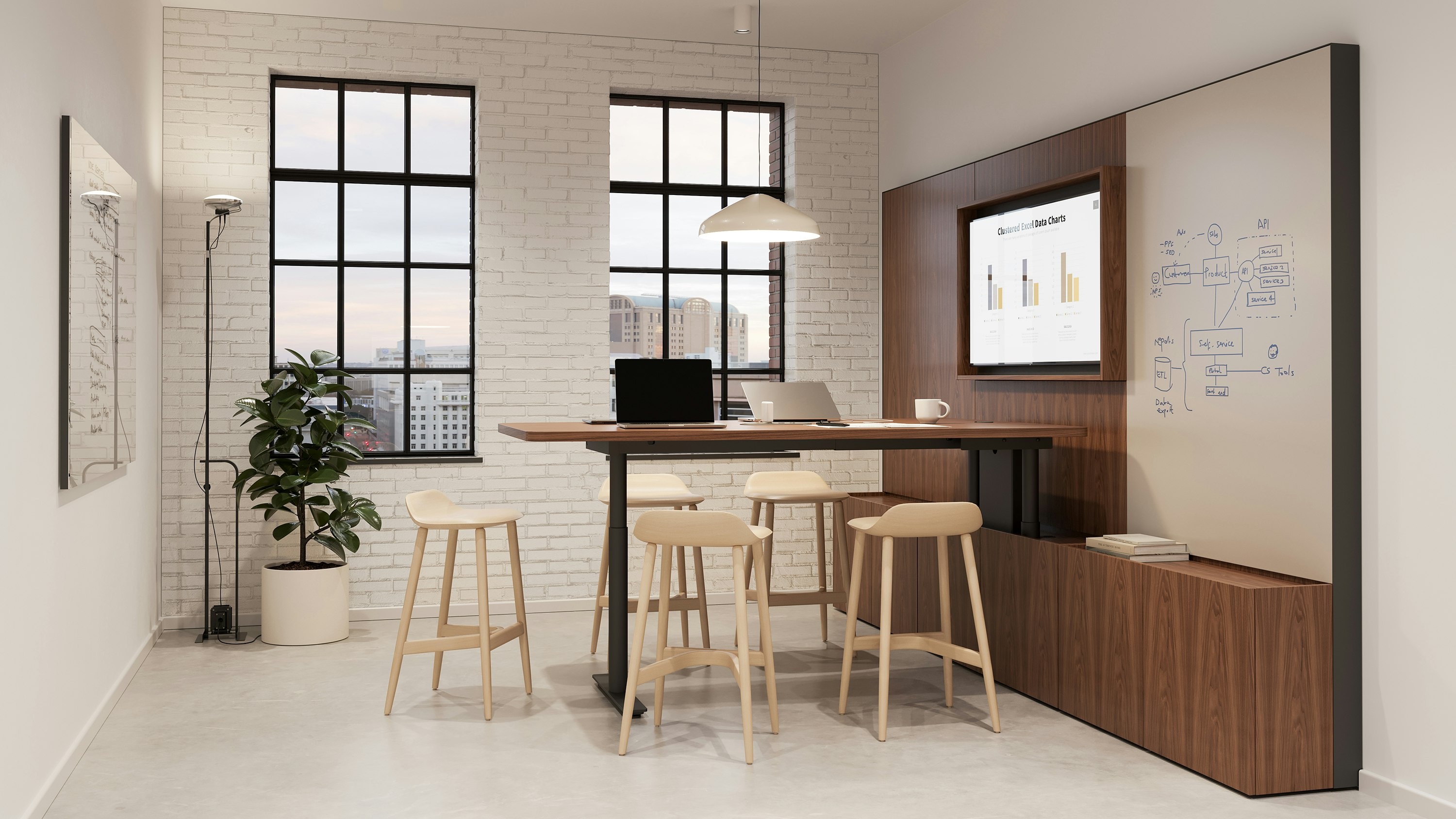 Geiger One Meeting and Huddle Room in Natural Walnut with Crosshatch Stools.