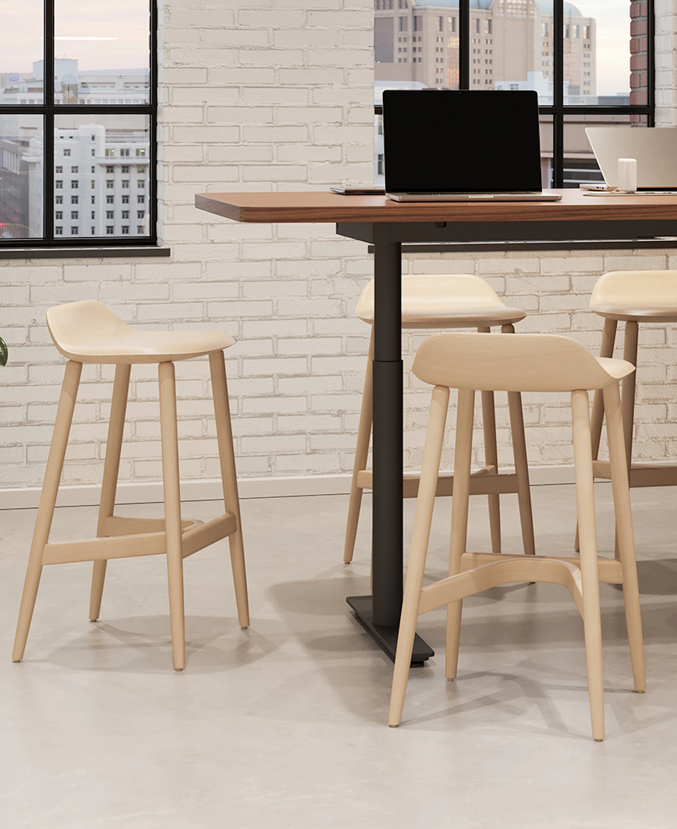 Geiger One Meeting and Huddle Room in Natural Walnut with Crosshatch Stools.