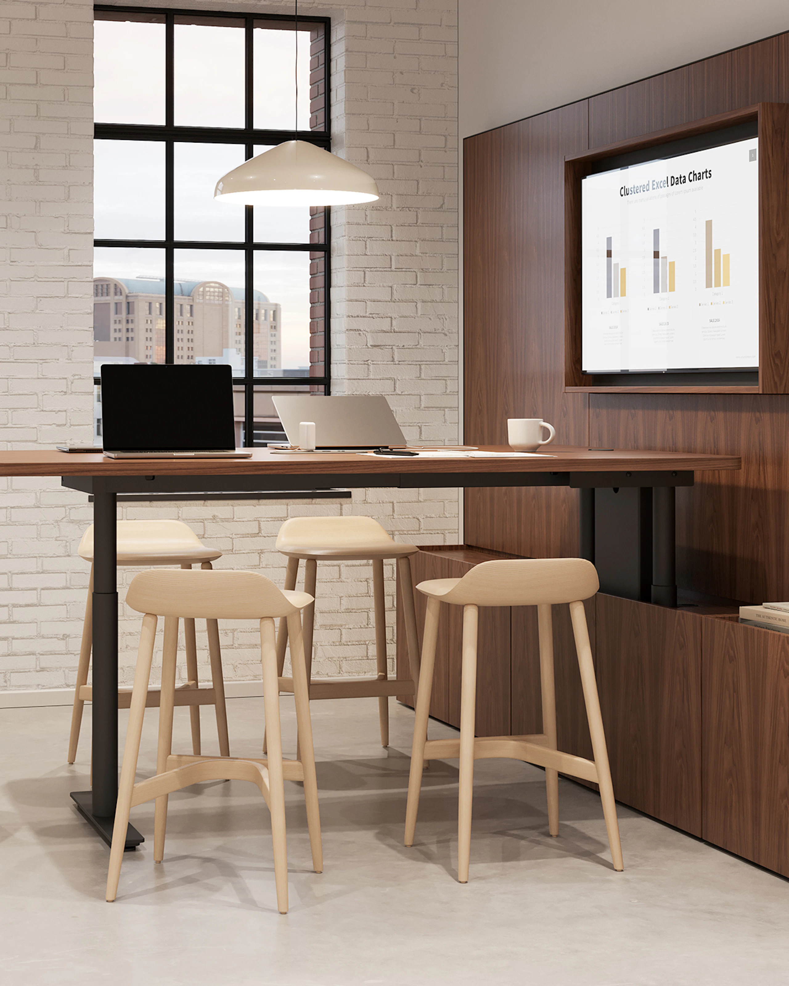 Geiger One Meeting and Huddle Room in Natural Walnut with Crosshatch Stools.