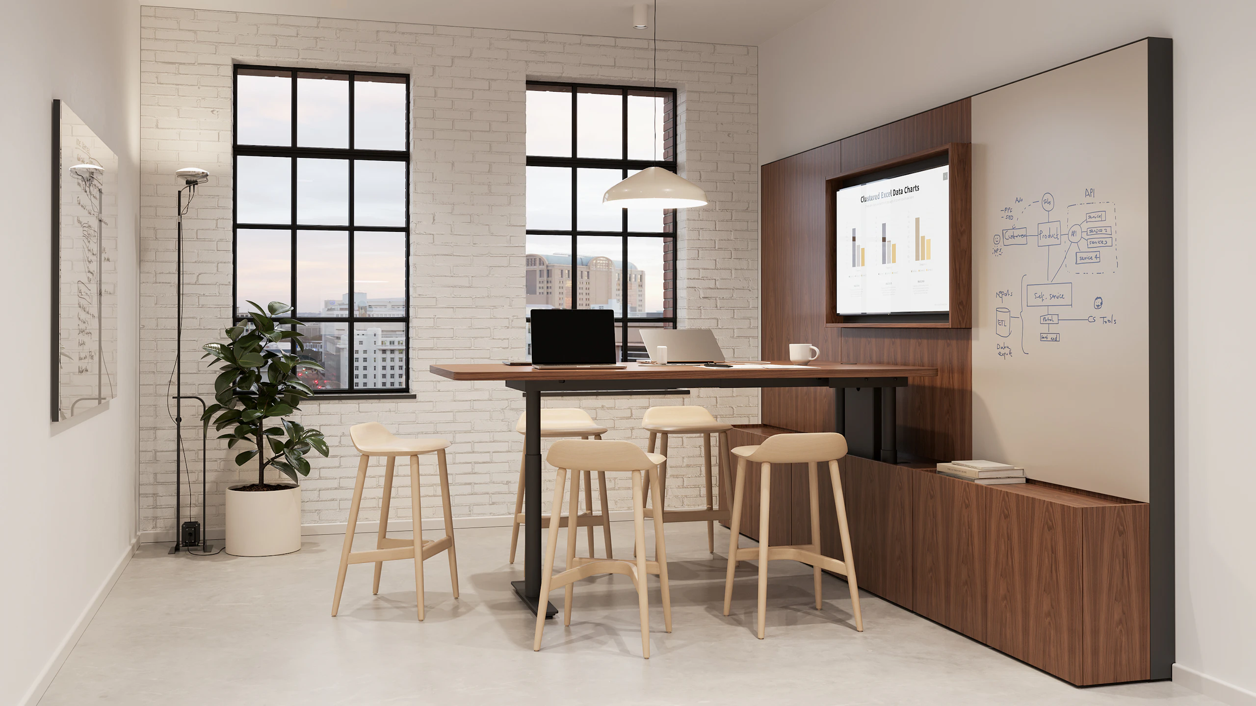 Geiger One Meeting and Huddle Room in Natural Walnut with Crosshatch Stools.